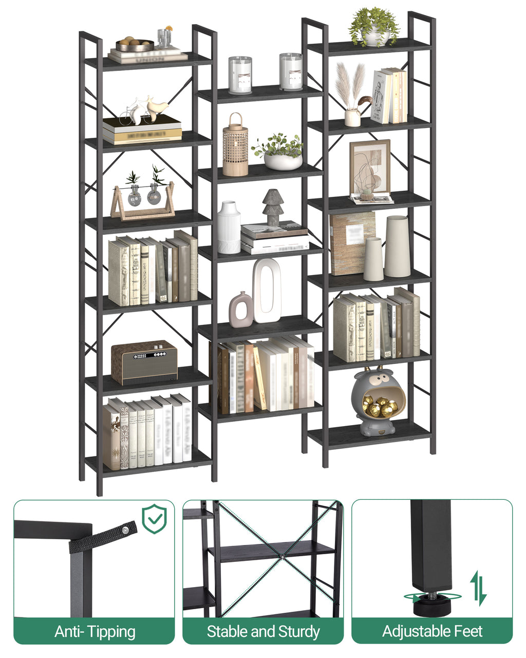Hzuaneri Bookshelves, Freestanding Shelving Unit, Shelf with 17 Shelves, 6 Tiers, Adjustable Spacing, 24 x 152 x 186 cm, Load Capacity 340 kg, Living Room, Office, Black with Wood Grain BC10104B