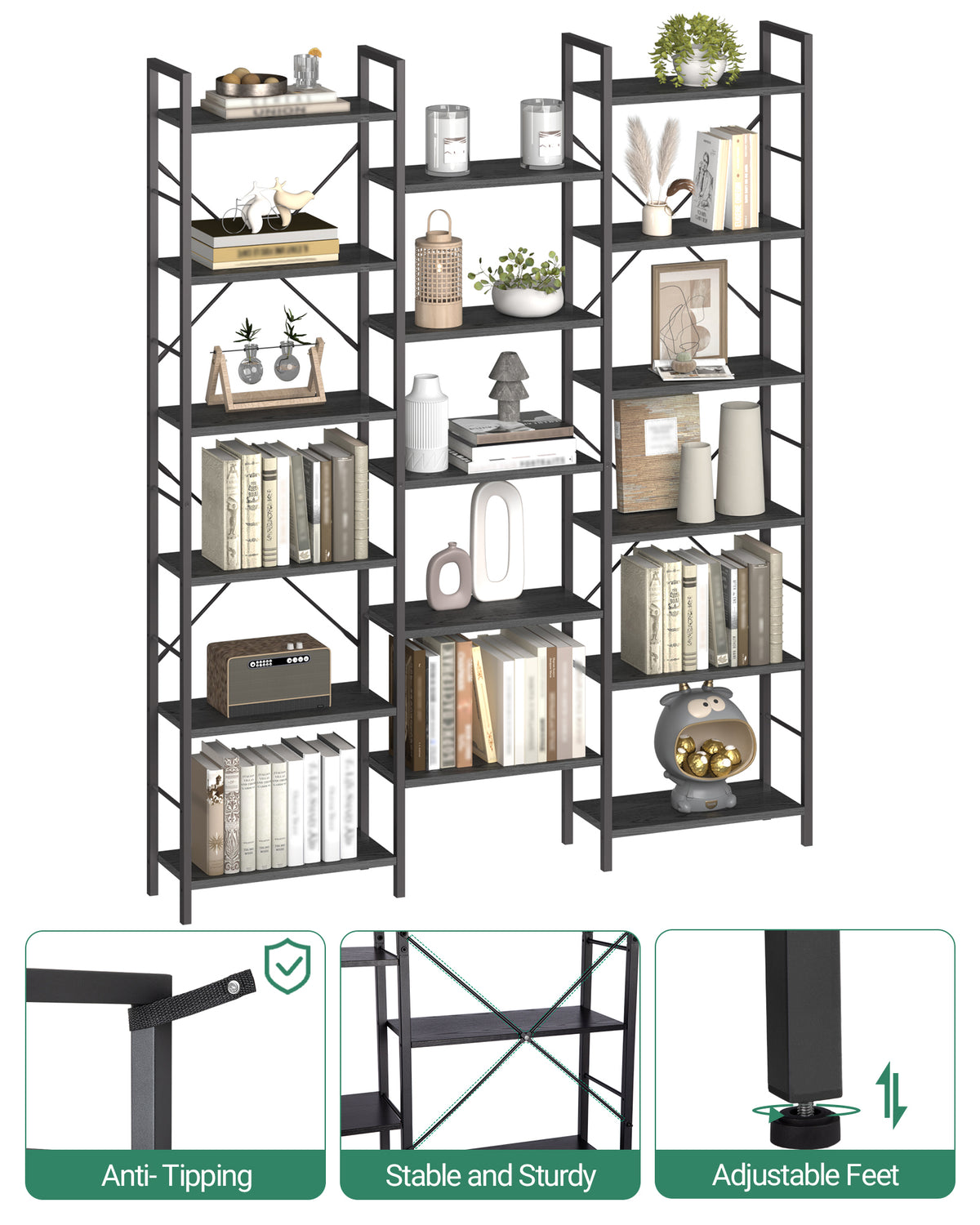 Hzuaneri Bookshelves, Freestanding Shelving Unit, Shelf with 17 Shelves, 6 Tiers, Adjustable Spacing, 24 x 152 x 186 cm, Load Capacity 340 kg, Living Room, Office, Black with Wood Grain BC10104B