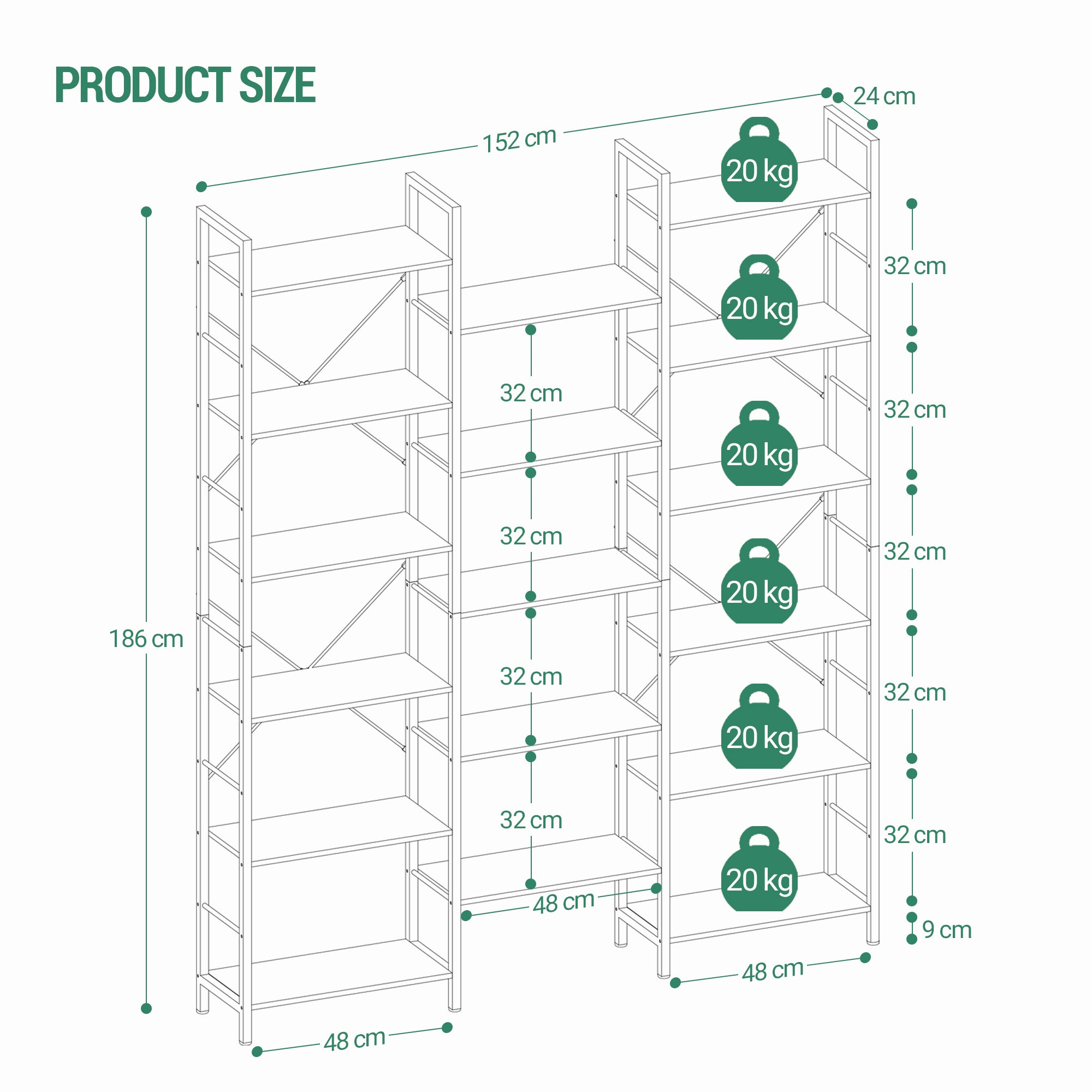 Hzuaneri Bookshelves, Freestanding Shelving Unit, Shelf with 17 Shelves, 6 Tiers, Adjustable Spacing, 24 x 152 x 186 cm, Load Capacity 340 kg, Living Room, Office, Black with Wood Grain BC10104B