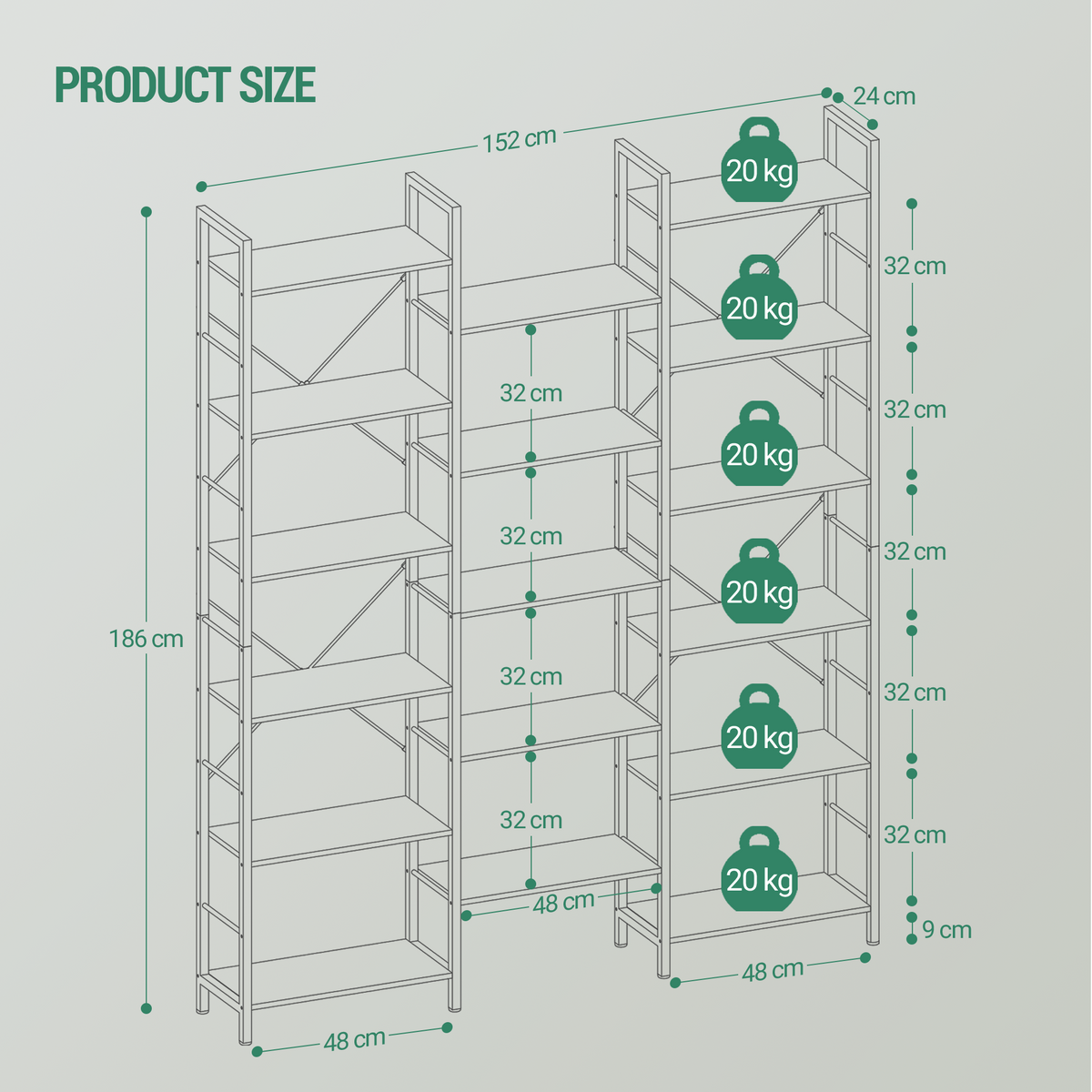 Hzuaneri 6-Tier Shelf Unit, Stem-Style Bookshelf with 17 Shelves, Adjustable Spacing, 24 × 152 × 186 cm, Metal Frame, for Living Room, Bedroom, Office, White Oak and White BC10116W
