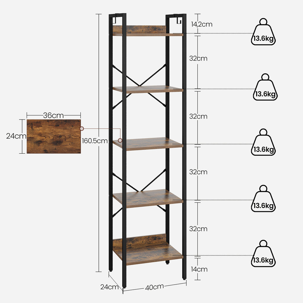 Hzuaneri Bookcase, 5-Tier Bookshelf, Narrow Bookcase Shelving Unit for Living Room, Office, Sturdy, Bedroom, 24 x 40 x 160 cm, Industrial, Rustic Brown and Black, BC10501B