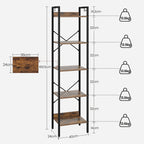 Hzuaneri Bookcase, 5-Tier Bookshelf, Narrow Bookcase Shelving Unit for Living Room, Office, Sturdy, Bedroom, 24 x 40 x 160 cm, Industrial, Rustic Brown and Black, BC10501B