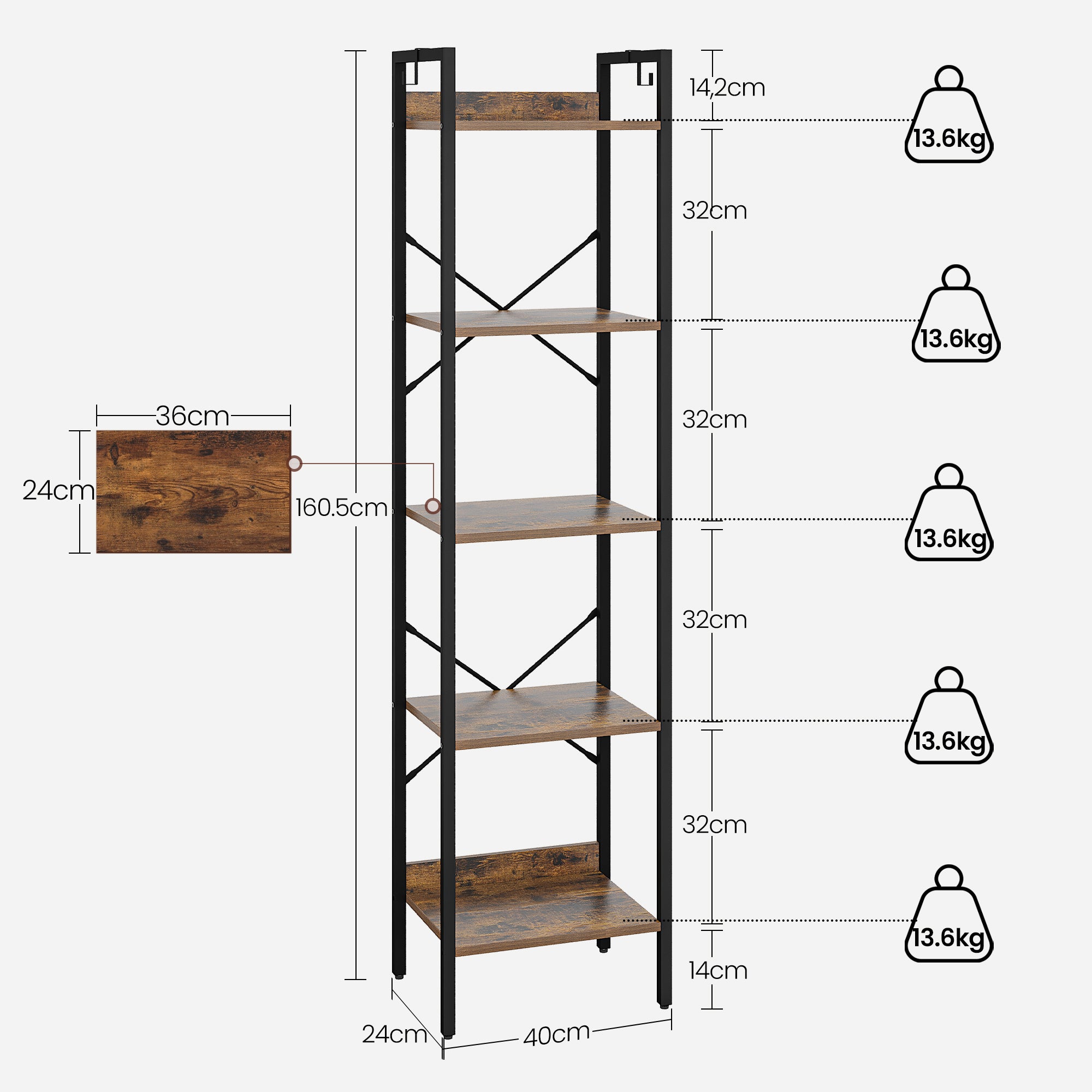 Hzuaneri Bookcase, 5-Tier Bookshelf, Narrow Bookcase Shelving Unit for Living Room, Office, Sturdy, Bedroom, 24 x 40 x 160 cm, Industrial, Rustic Brown and Black, BC10501B