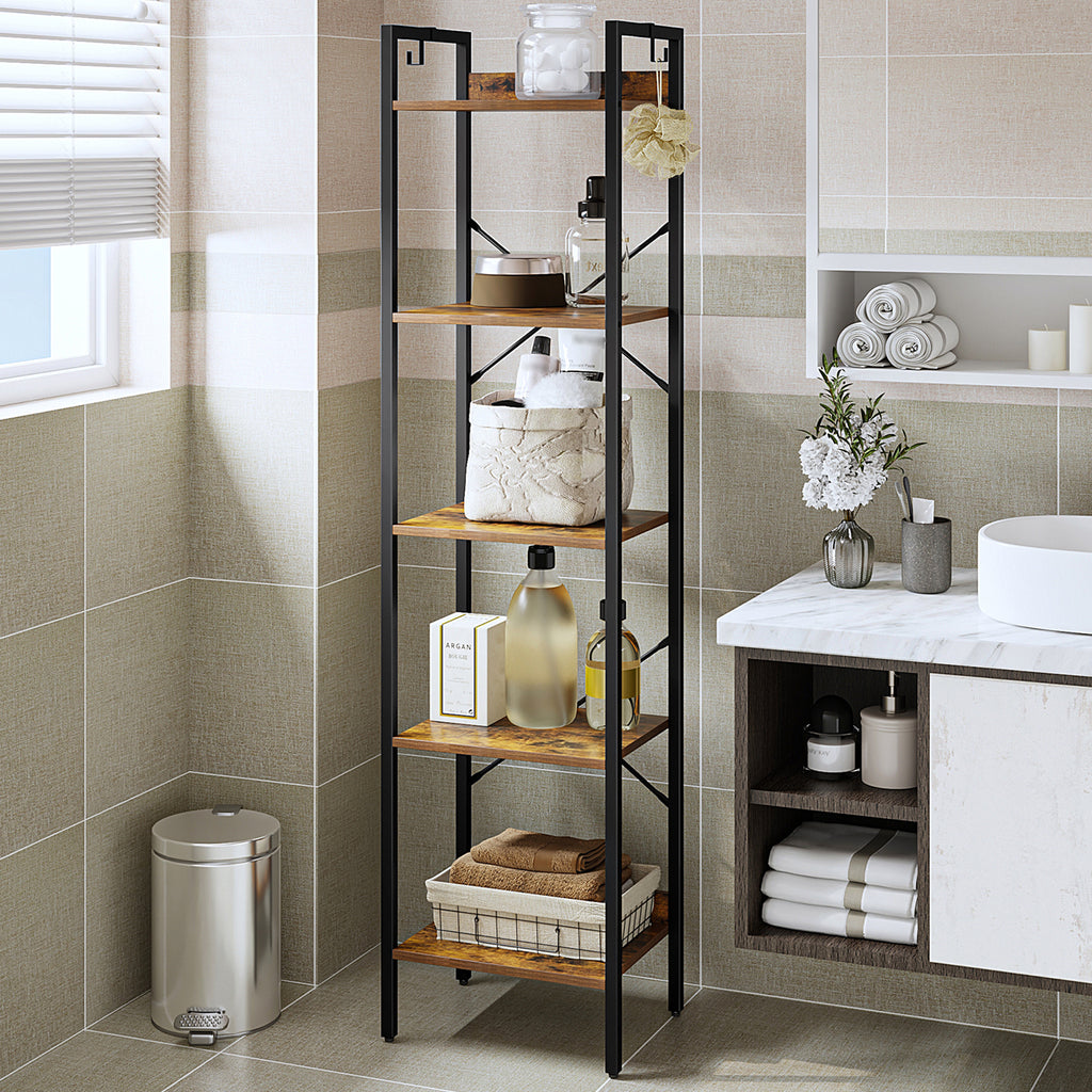 Hzuaneri Bookcase, 5-Tier Bookshelf, Narrow Bookcase Shelving Unit for Living Room, Office, Sturdy, Bedroom, 24 x 40 x 160 cm, Industrial, Rustic Brown and Black, BC10501B