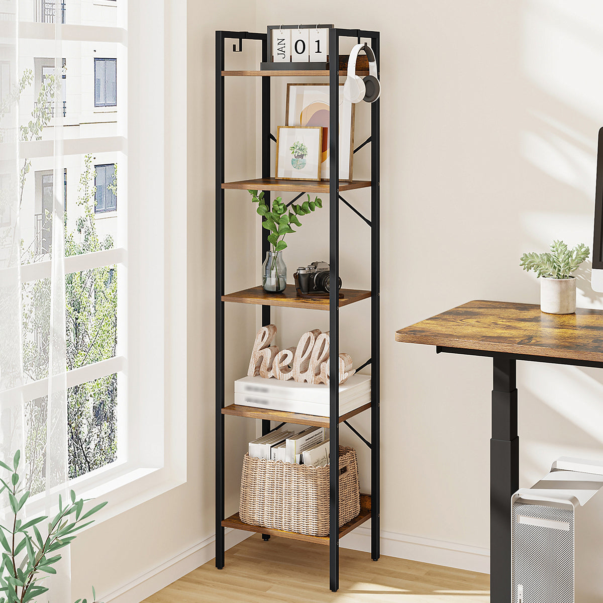 Hzuaneri Bookcase, 5-Tier Bookshelf, Narrow Bookcase Shelving Unit for Living Room, Office, Sturdy, Bedroom, 24 x 40 x 160 cm, Industrial, Rustic Brown and Black, BC10501B