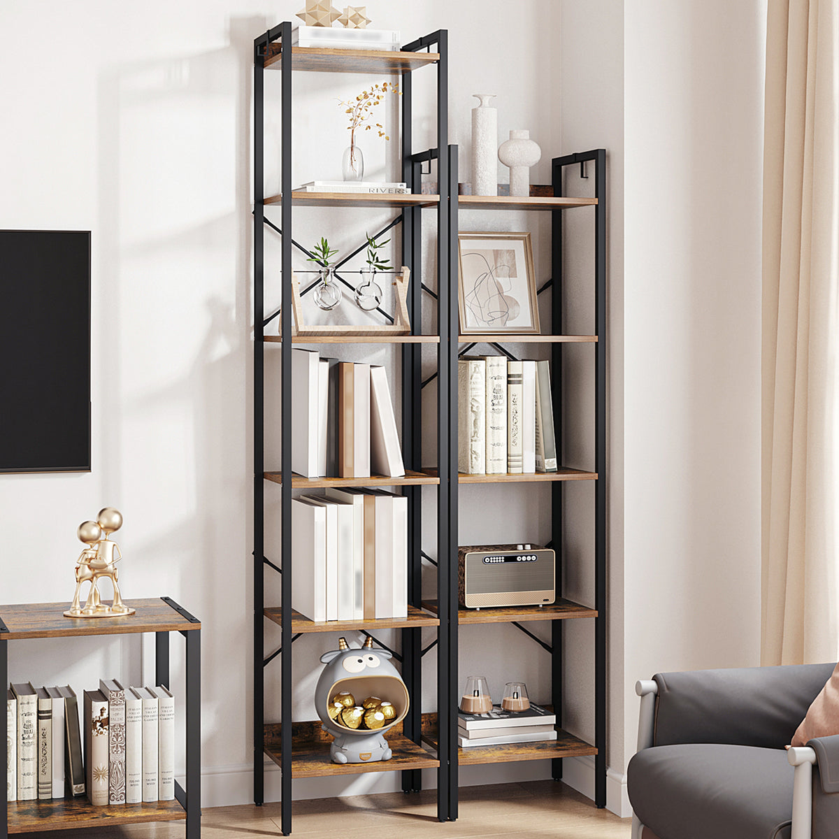 Hzuaneri Bookcase, 5-Tier Bookshelf, Narrow Bookcase Shelving Unit for Living Room, Office, Sturdy, Bedroom, 24 x 40 x 160 cm, Industrial, Rustic Brown and Black, BC10501B