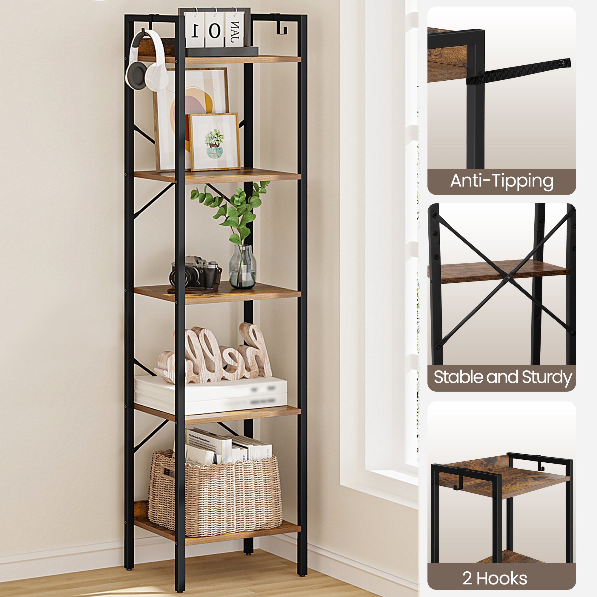 Hzuaneri Bookcase, 5-Tier Bookshelf, Narrow Bookcase Shelving Unit for Living Room, Office, Sturdy, Bedroom, 24 x 40 x 160 cm, Industrial, Rustic Brown and Black, BC10501B