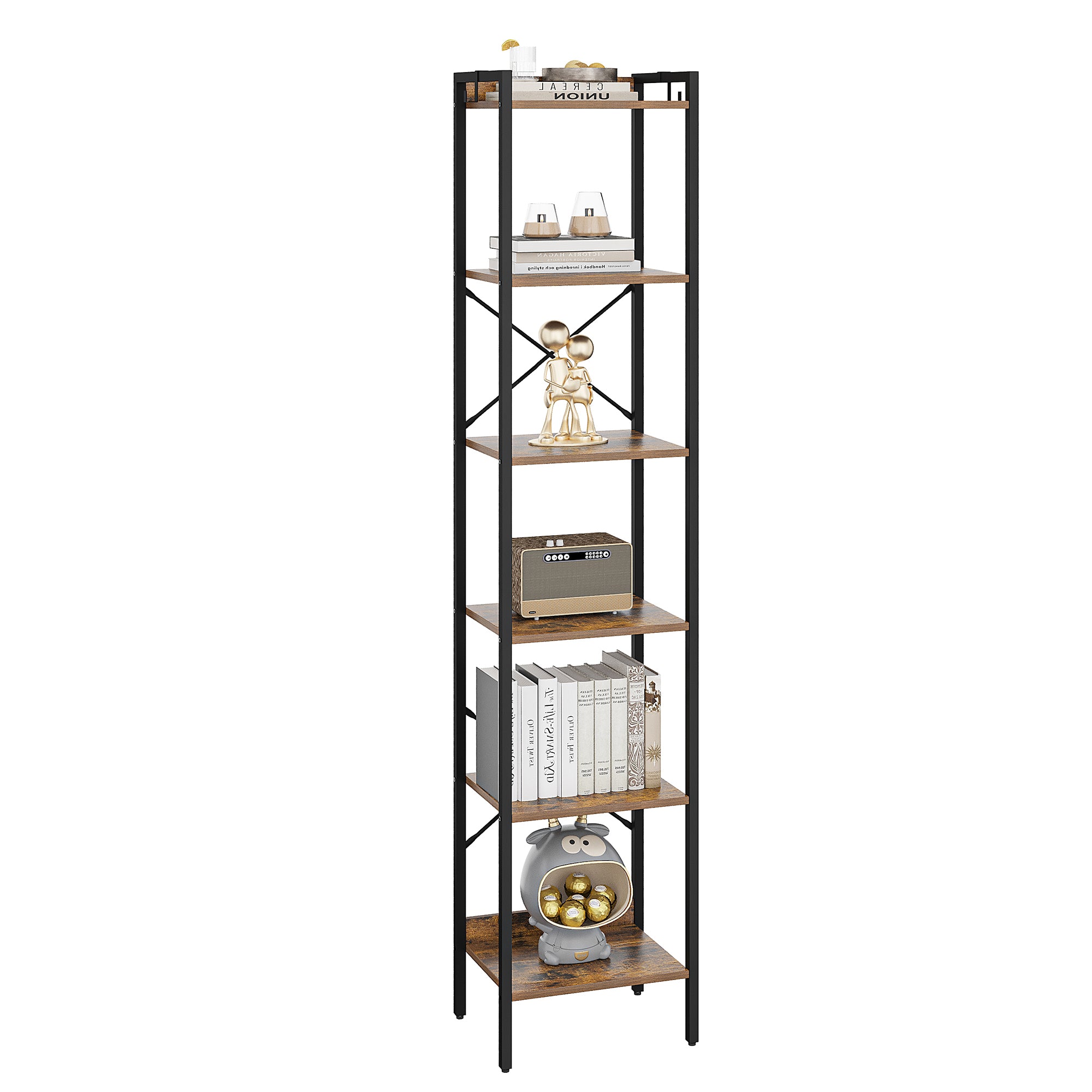 Hzuaneri Bookcase, 6-Tier Bookshelf, Narrow Bookcase Shelving Unit for Living Room, Office, Sturdy, Bedroom, 24 x 40 x 185 cm, Industrial, Rustic Brown and Black, BC10701B