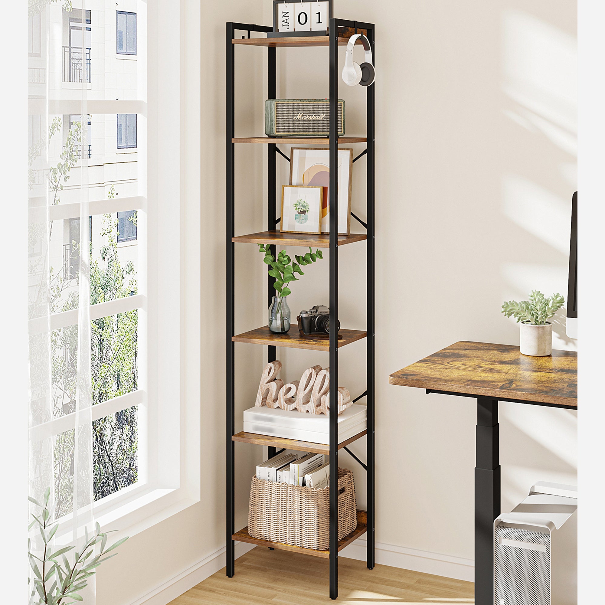 Hzuaneri Bookcase, 6-Tier Bookshelf, Narrow Bookcase Shelving Unit for Living Room, Office, Sturdy, Bedroom, 24 x 40 x 185 cm, Industrial, Rustic Brown and Black, BC10701B