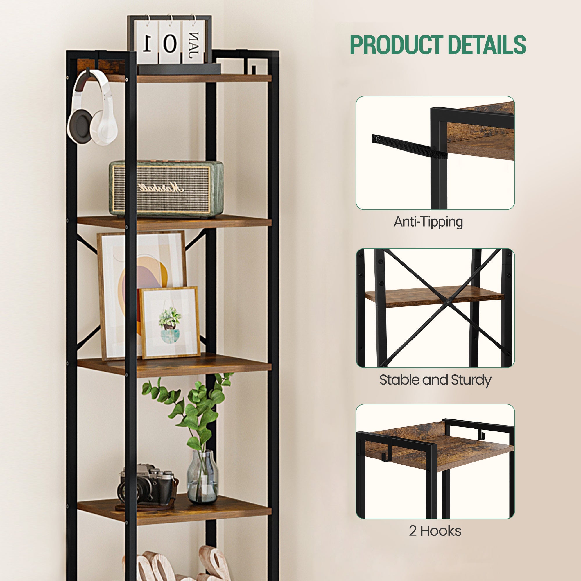 Hzuaneri Bookcase, 6-Tier Bookshelf, Narrow Bookcase Shelving Unit for Living Room, Office, Sturdy, Bedroom, 24 x 40 x 185 cm, Industrial, Rustic Brown and Black, BC10701B