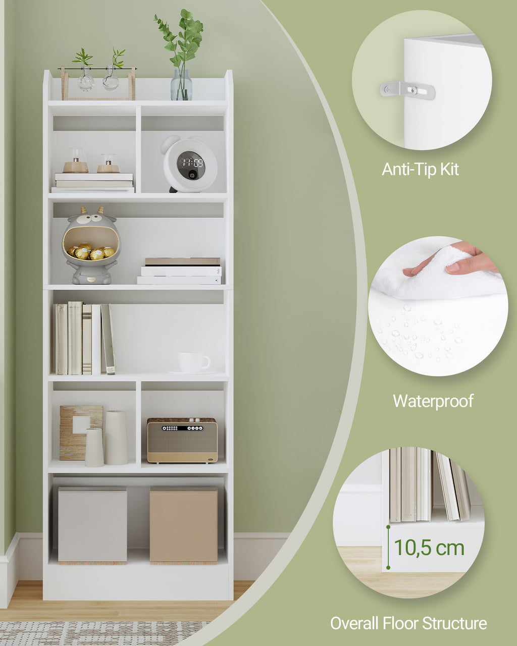 HEXCELEN 6-Cube Bookcase, Freestanding Storage Shelf for Living Room, Office, Bedroom, White