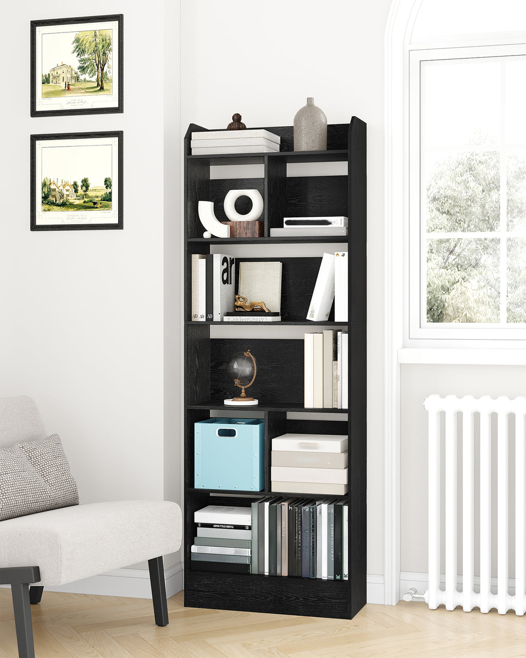 Hzuaneri Bookshelf, Bookcase, with 6 Shelves, Storage Shelf, Freestanding Shelf, for Living Room, Office, Bedroom, 24 x 60 x 170 cm, Black BC11104X