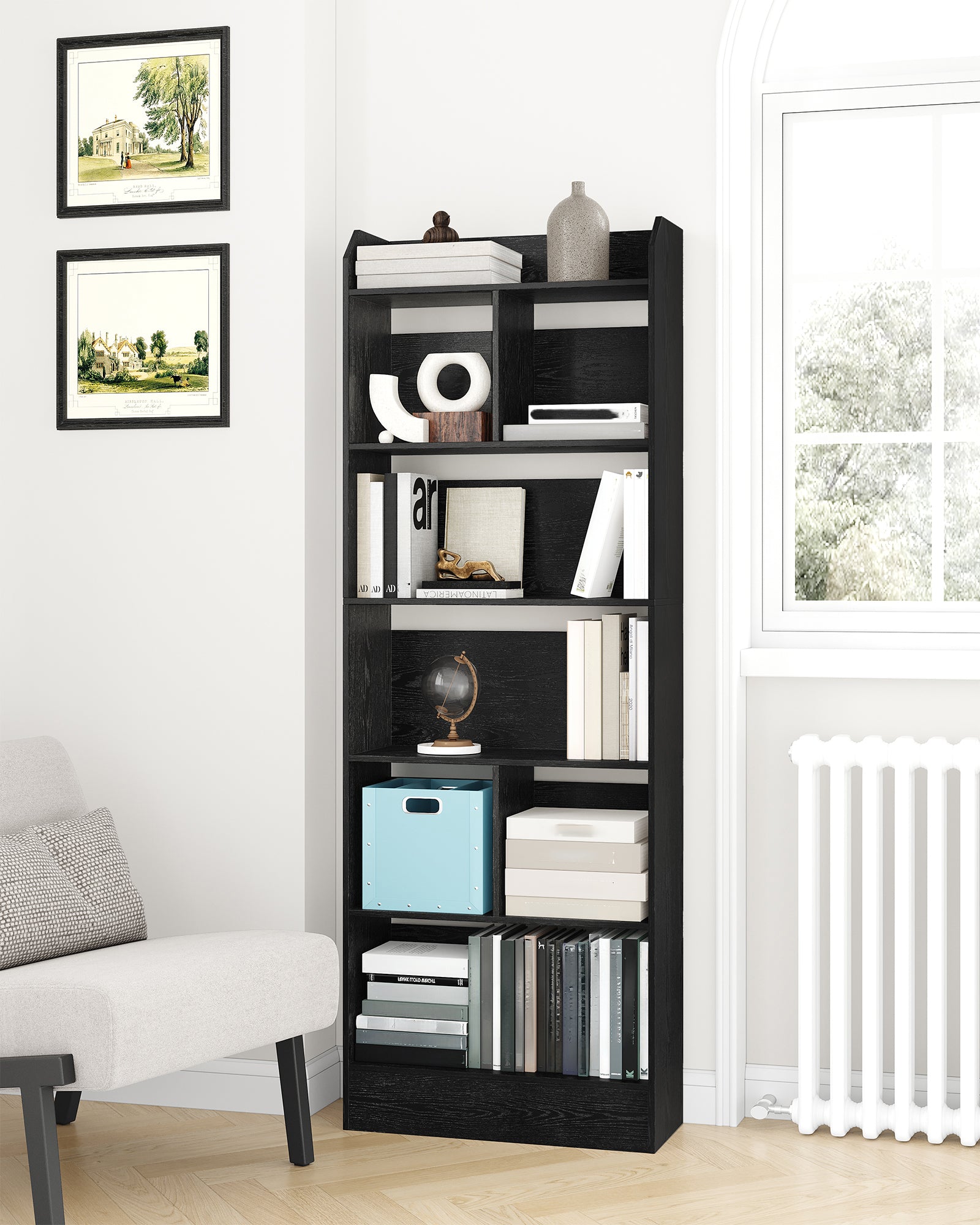 Hzuaneri Bookshelf, Bookcase, with 6 Shelves, Storage Shelf, Freestanding Shelf, for Living Room, Office, Bedroom, 24 x 60 x 170 cm, Black BC11104X