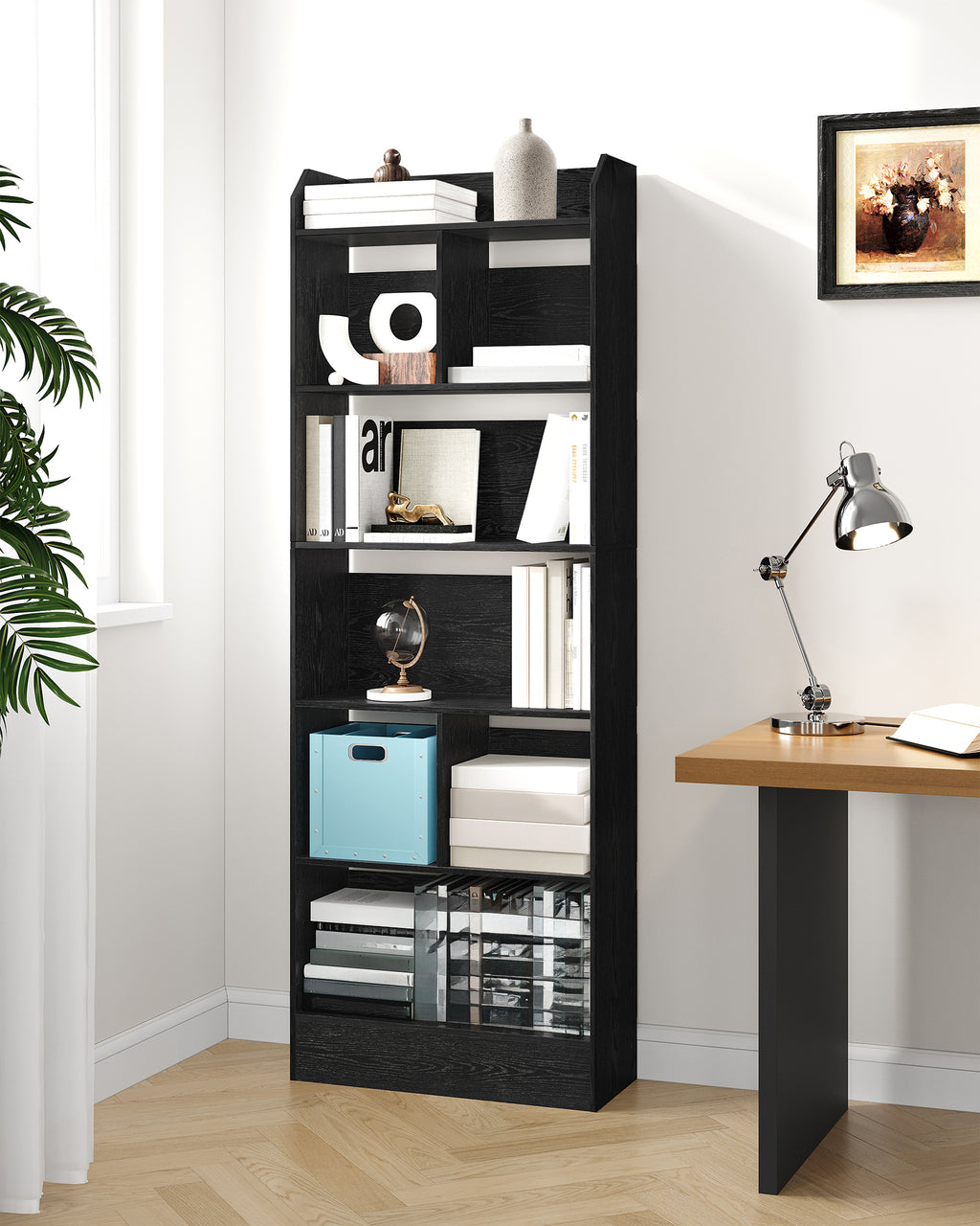 Hzuaneri Bookshelf, Bookcase, with 6 Shelves, Storage Shelf, Freestanding Shelf, for Living Room, Office, Bedroom, 24 x 60 x 170 cm, Black BC11104X