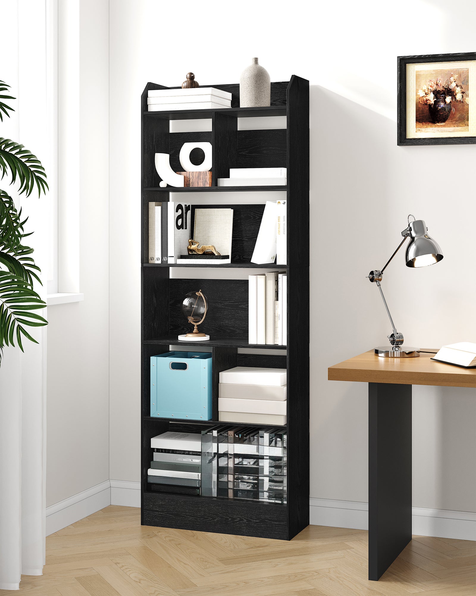 Hzuaneri Bookshelf, Bookcase, with 6 Shelves, Storage Shelf, Freestanding Shelf, for Living Room, Office, Bedroom, 24 x 60 x 170 cm, Black BC11104X