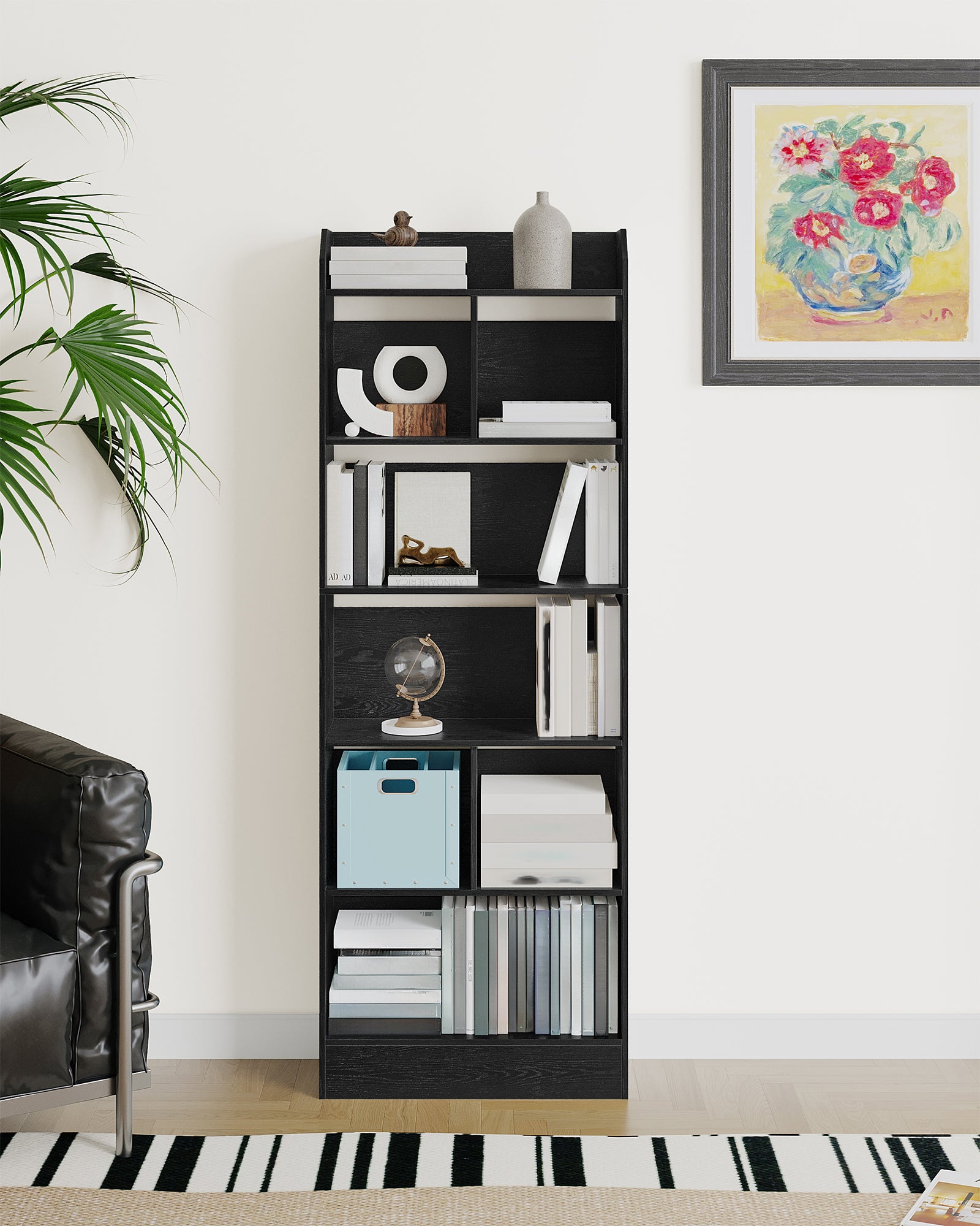 Hzuaneri Bookshelf, Bookcase, with 6 Shelves, Storage Shelf, Freestanding Shelf, for Living Room, Office, Bedroom, 24 x 60 x 170 cm, Black BC11104X