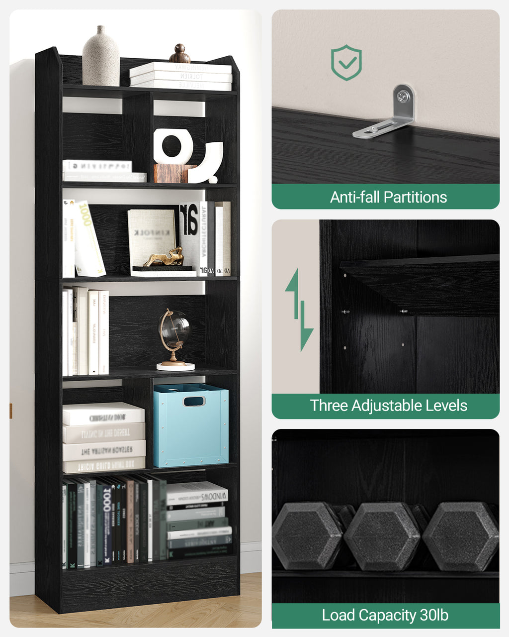 Hzuaneri Bookshelf, Bookcase, with 6 Shelves, Storage Shelf, Freestanding Shelf, for Living Room, Office, Bedroom, 24 x 60 x 170 cm, Black BC11104X