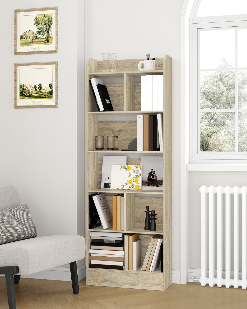 Hzuaneri Bookcase Bookcase with 6 Compartments Storage Shelf Standing Shelf for Living Room Office Bedroom 24 x 60 x 170 cm Oak Beige BC11116X