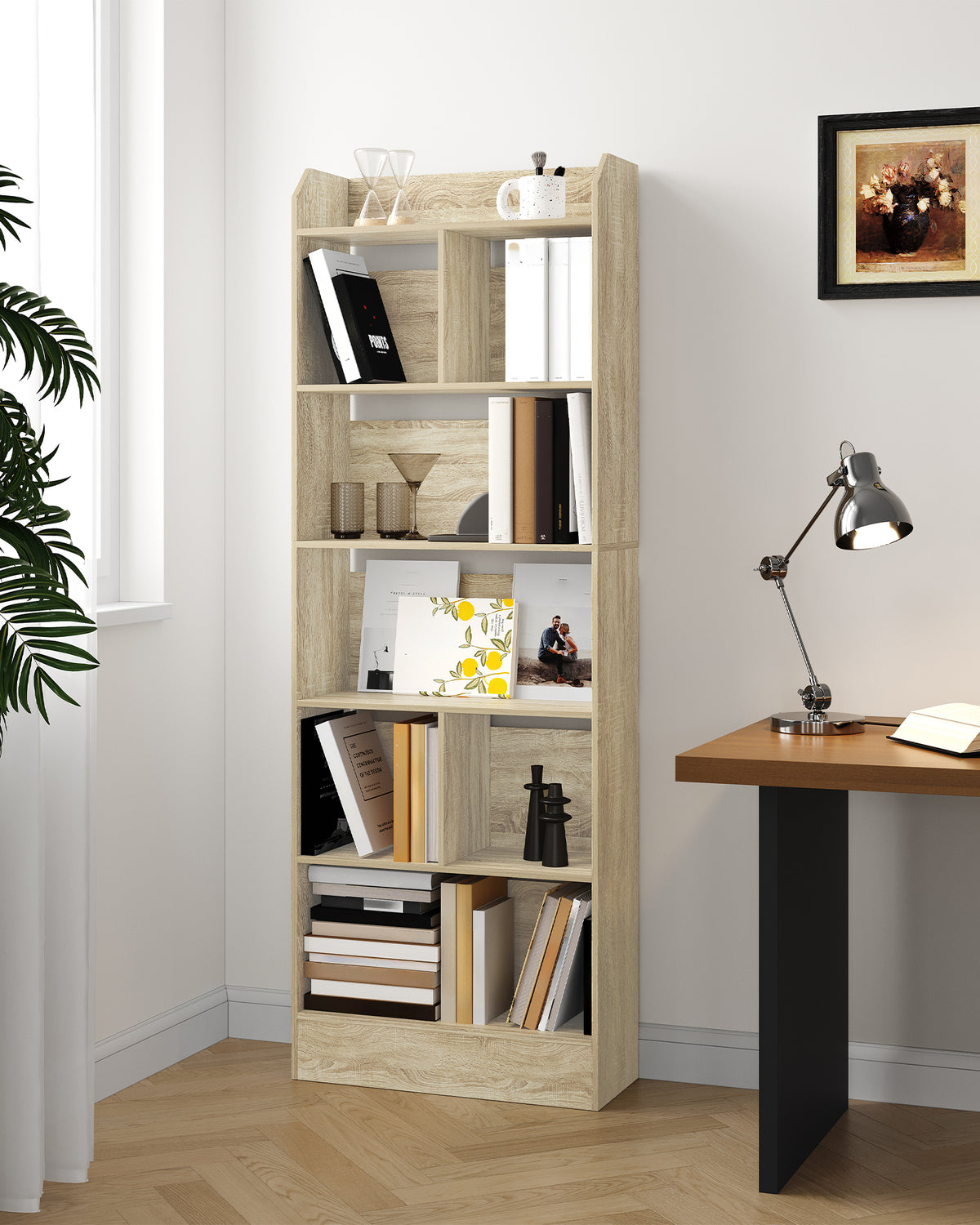Hzuaneri Bookcase Bookcase with 6 Compartments Storage Shelf Standing Shelf for Living Room Office Bedroom 24 x 60 x 170 cm Oak Beige BC11116X