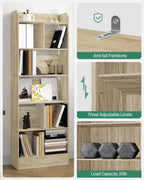 Hzuaneri Bookcase Bookcase with 6 Compartments Storage Shelf Standing Shelf for Living Room Office Bedroom 24 x 60 x 170 cm Oak Beige BC11116X