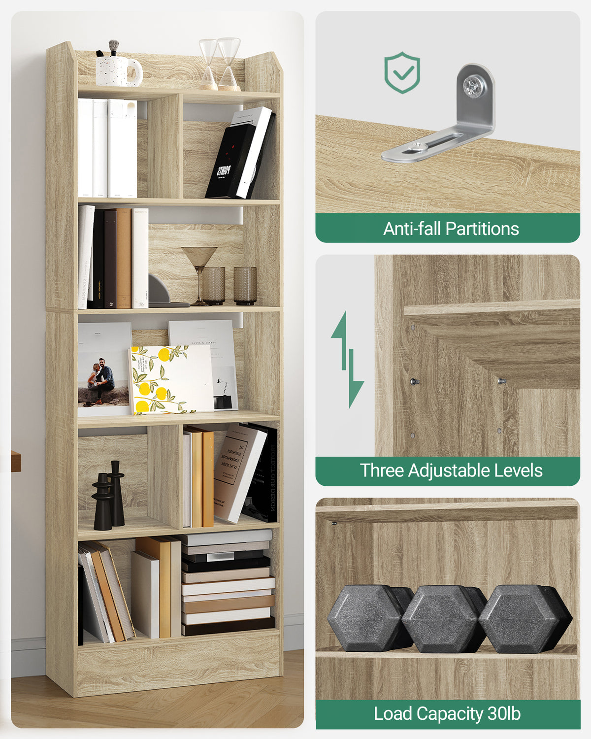 Hzuaneri Bookcase Bookcase with 6 Compartments Storage Shelf Standing Shelf for Living Room Office Bedroom 24 x 60 x 170 cm Oak Beige BC11116X