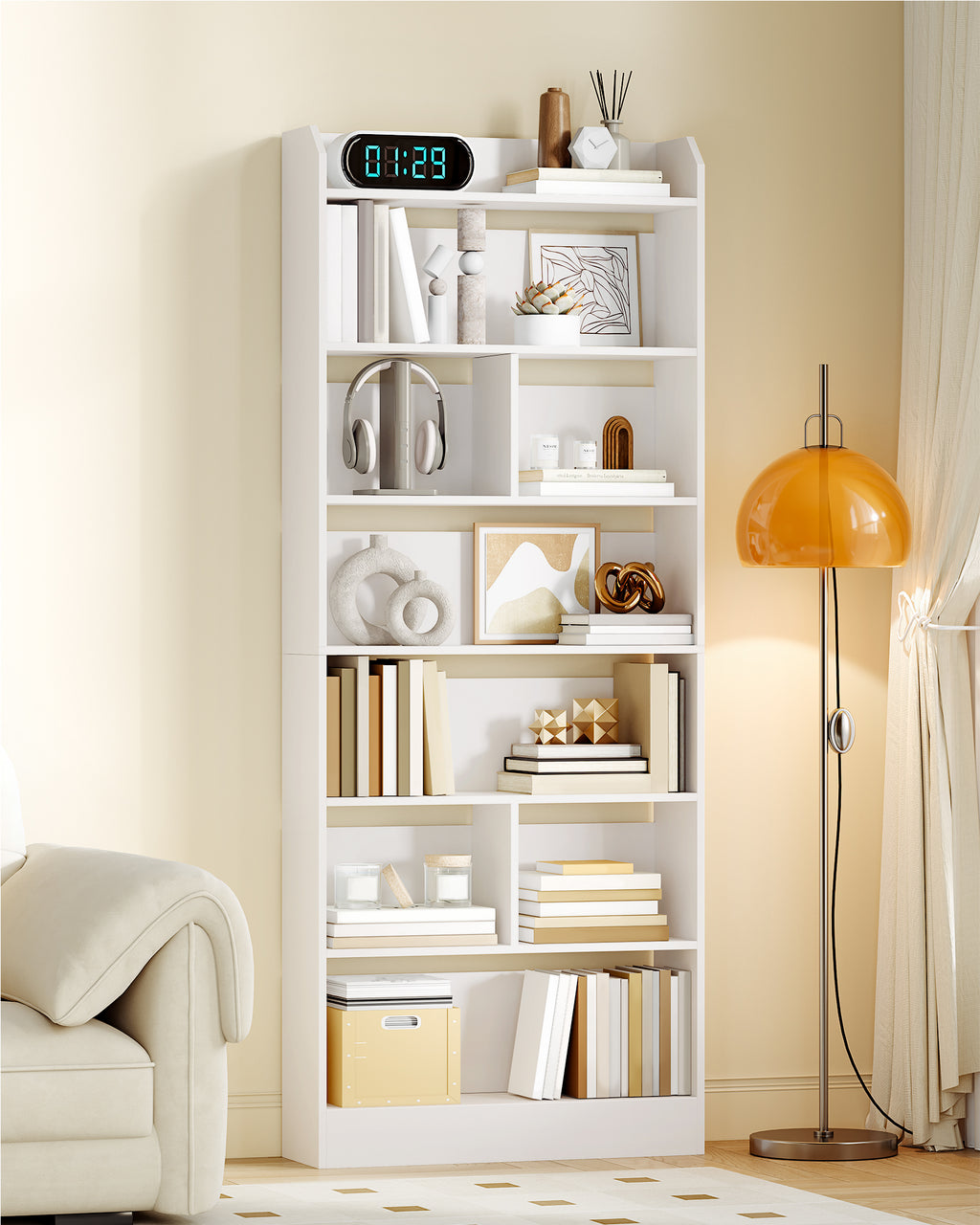 Hzuaneri Bookshelf, Bookcase, with 7 Shelves, Storage Shelf, Freestanding Shelf, for Living Room, Office, Bedroom, 24 x 60 x 199.2 cm, White BC11703X