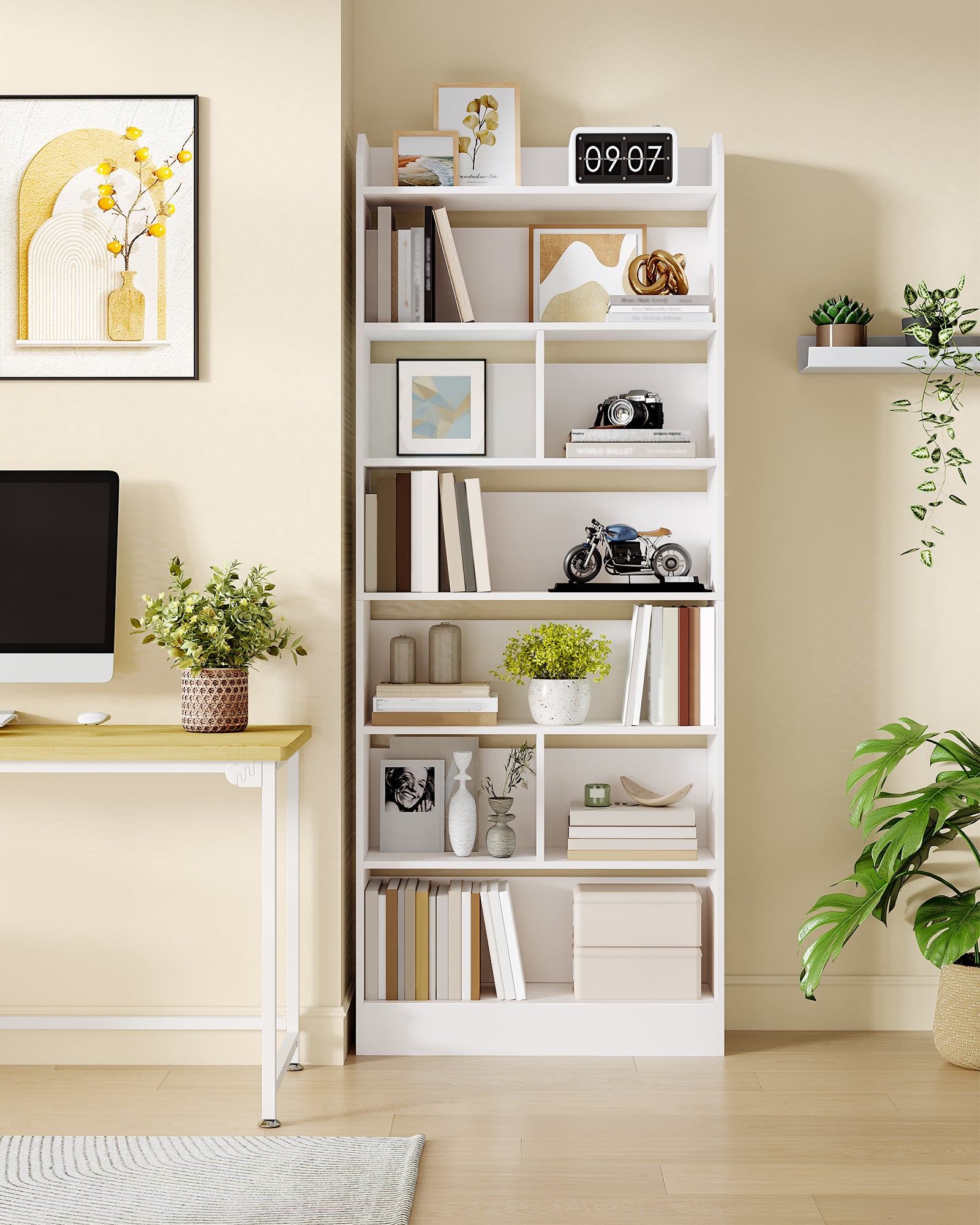 Hzuaneri Bookshelf, Bookcase, with 7 Shelves, Storage Shelf, Freestanding Shelf, for Living Room, Office, Bedroom, 24 x 60 x 199.2 cm, White BC11703X
