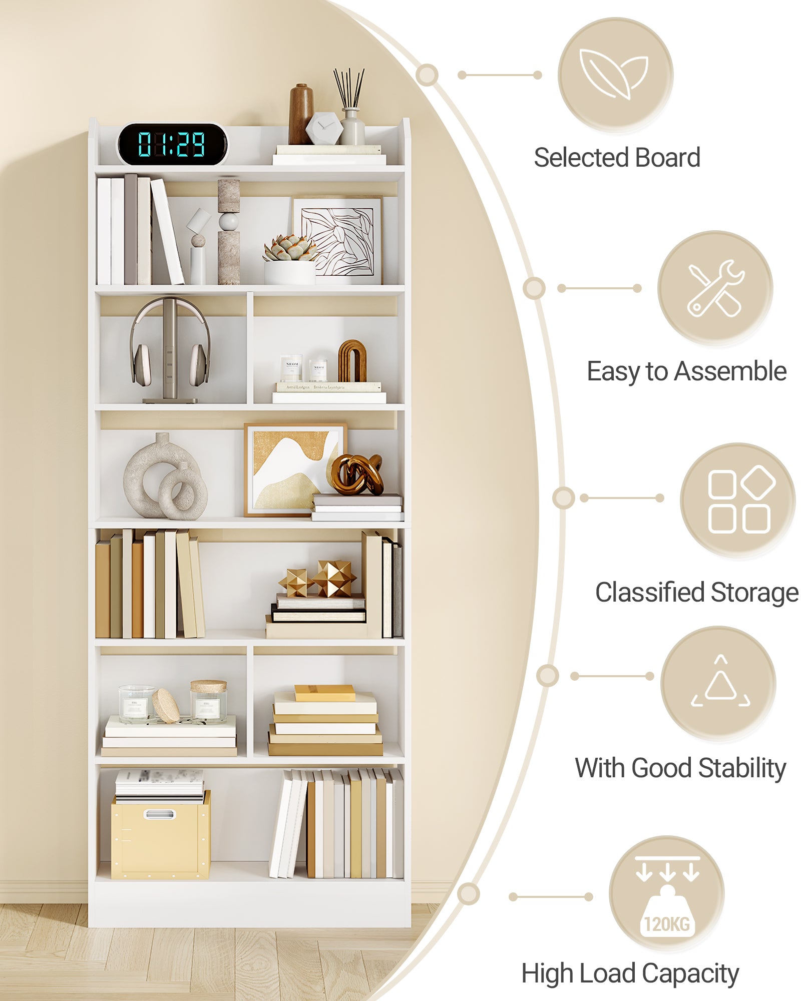Hzuaneri Bookshelf, Bookcase, with 7 Shelves, Storage Shelf, Freestanding Shelf, for Living Room, Office, Bedroom, 24 x 60 x 199.2 cm, White BC11703X