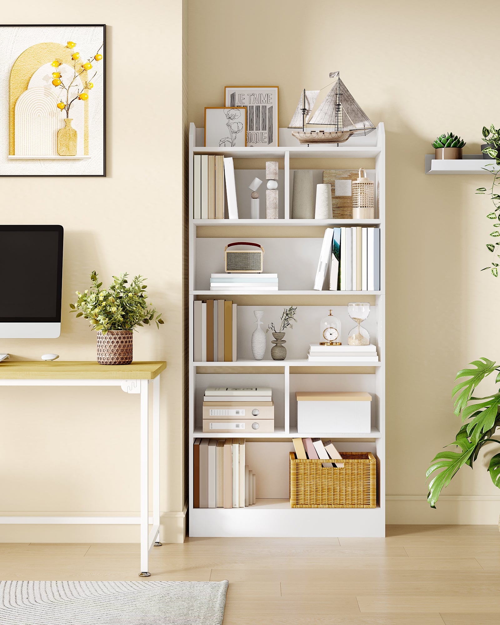 Hzuaneri Bookshelf, Bookcase, with 6 Shelves, Storage Shelf, Freestanding Shelf, for Living Room, Office, Bedroom, 24 x 80 x 170 cm, White BC11803X
