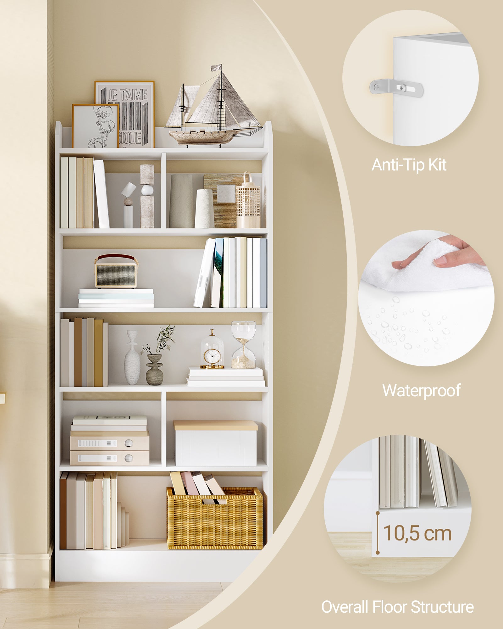 Hzuaneri Bookshelf, Bookcase, with 6 Shelves, Storage Shelf, Freestanding Shelf, for Living Room, Office, Bedroom, 24 x 80 x 170 cm, White BC11803X
