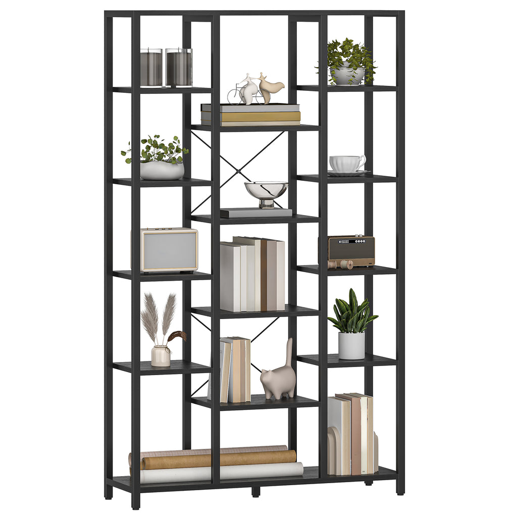 Hzuaneri Bookshelf, Standing Shelf with 6 Levels and 15 Shelves, Adjustable Open Shelves, for Living Room, Office, Bedroom, 30 x 100 x 170 cm, Black with Wood Grain, BC15004B