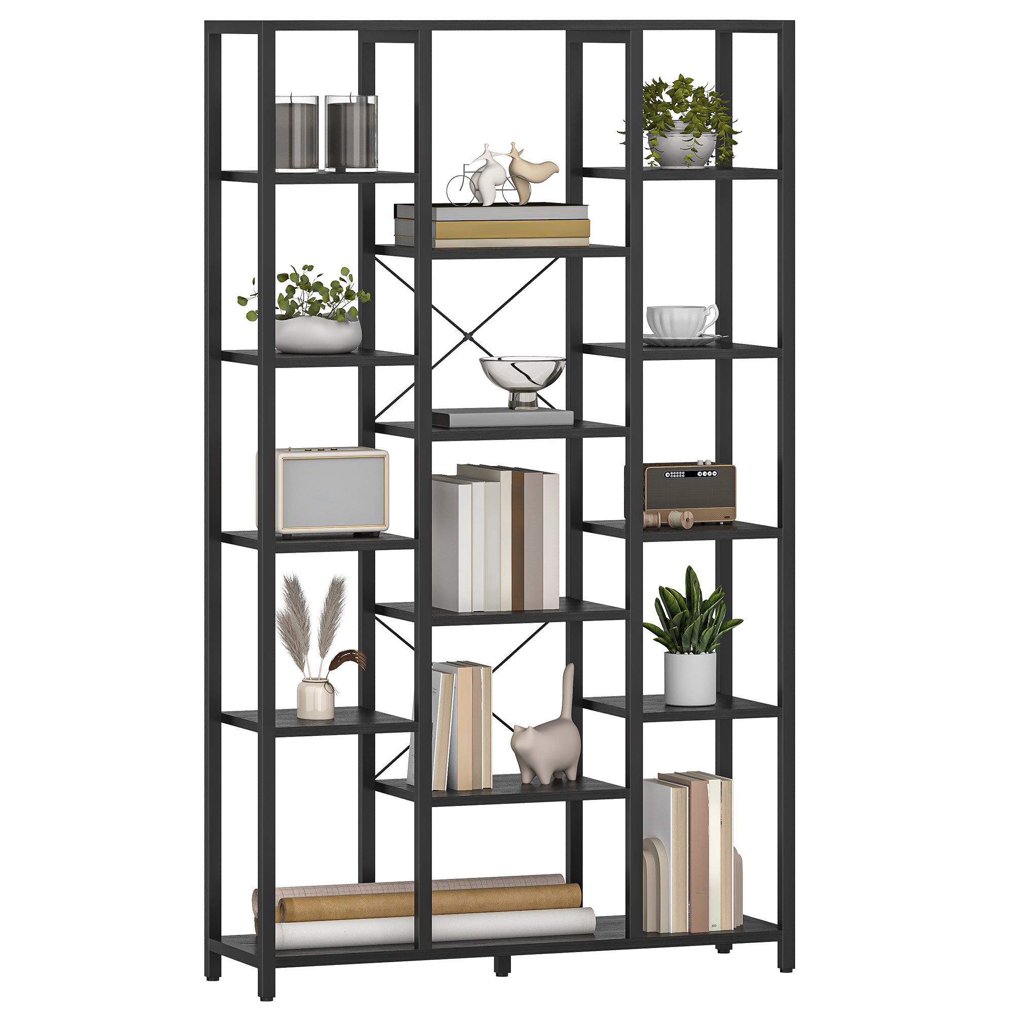 Hzuaneri Bookshelf, Standing Shelf with 6 Levels and 15 Shelves, Adjustable Open Shelves, for Living Room, Office, Bedroom, 30 x 100 x 170 cm, Black with Wood Grain, BC15004B