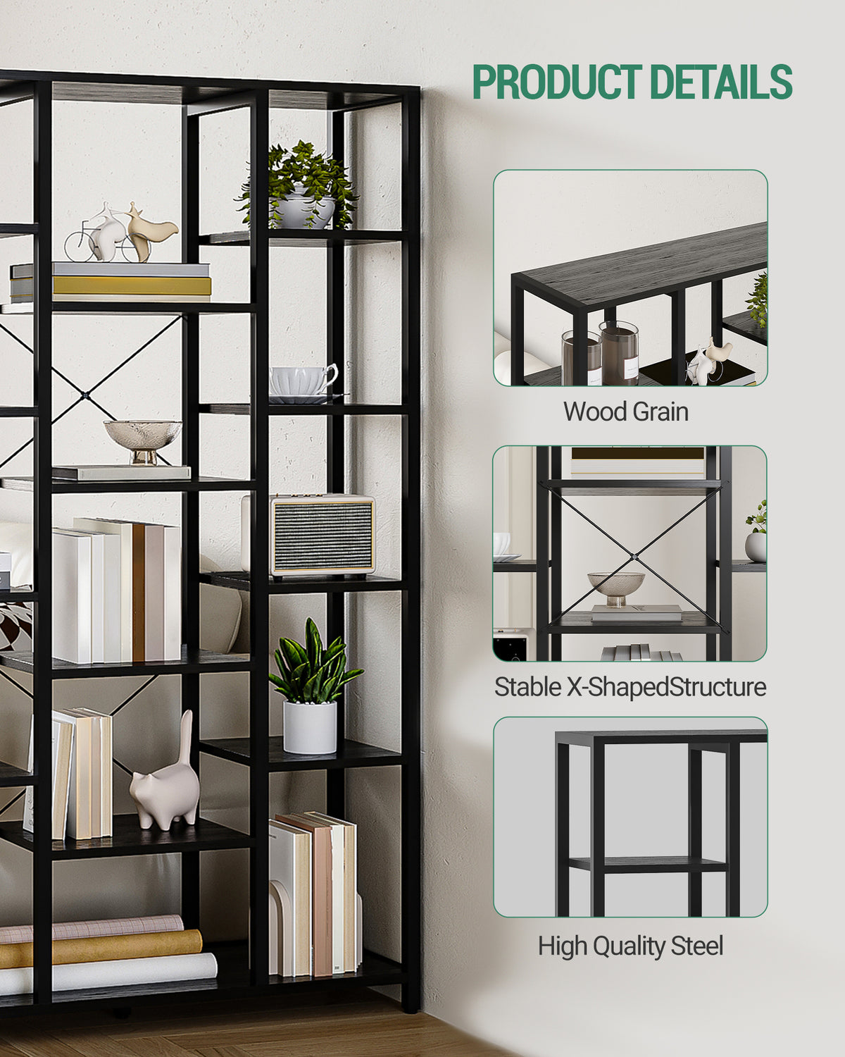 Hzuaneri Bookshelf, Standing Shelf with 6 Levels and 15 Shelves, Adjustable Open Shelves, for Living Room, Office, Bedroom, 30 x 100 x 170 cm, Black with Wood Grain, BC15004B