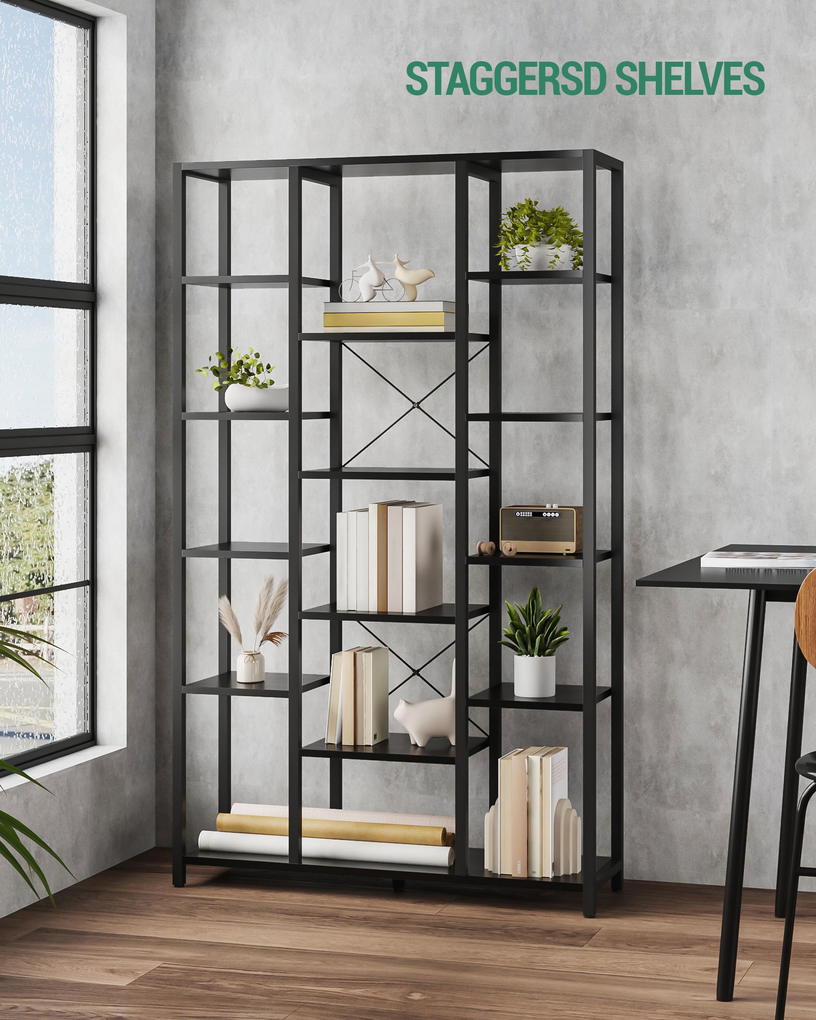 Hzuaneri Bookshelf, Standing Shelf with 6 Levels and 15 Shelves, Adjustable Open Shelves, for Living Room, Office, Bedroom, 30 x 100 x 170 cm, Black with Wood Grain, BC15004B