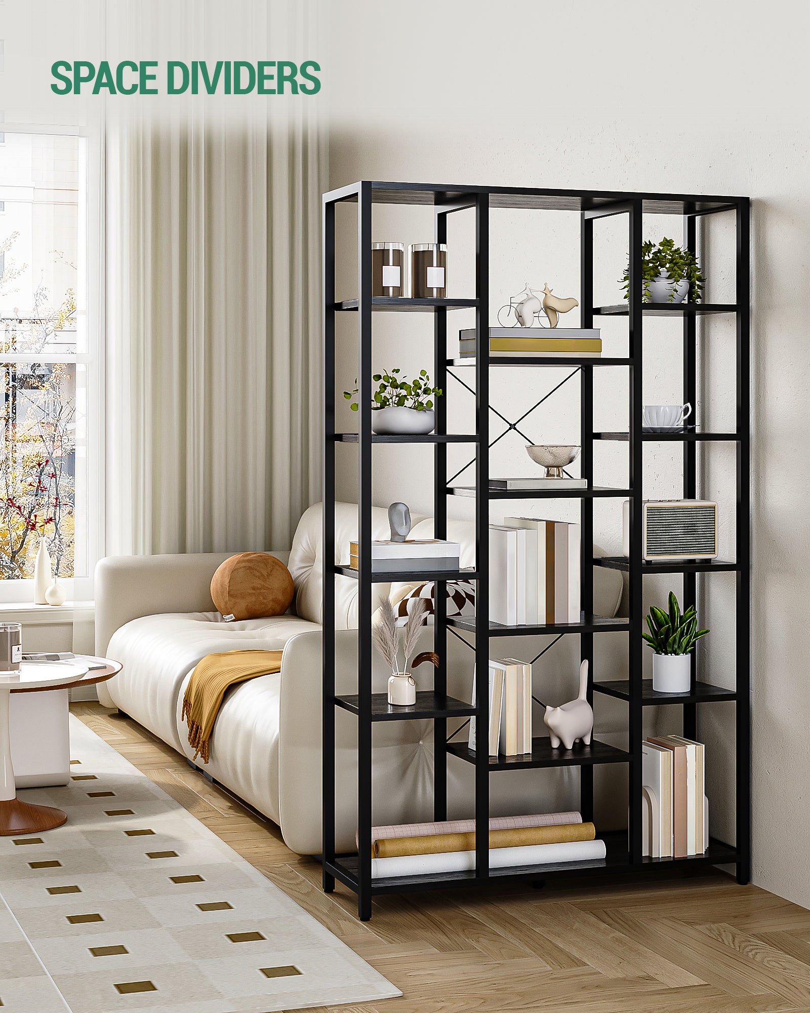 Hzuaneri Bookshelf, Standing Shelf with 6 Levels and 15 Shelves, Adjustable Open Shelves, for Living Room, Office, Bedroom, 30 x 100 x 170 cm, Black with Wood Grain, BC15004B