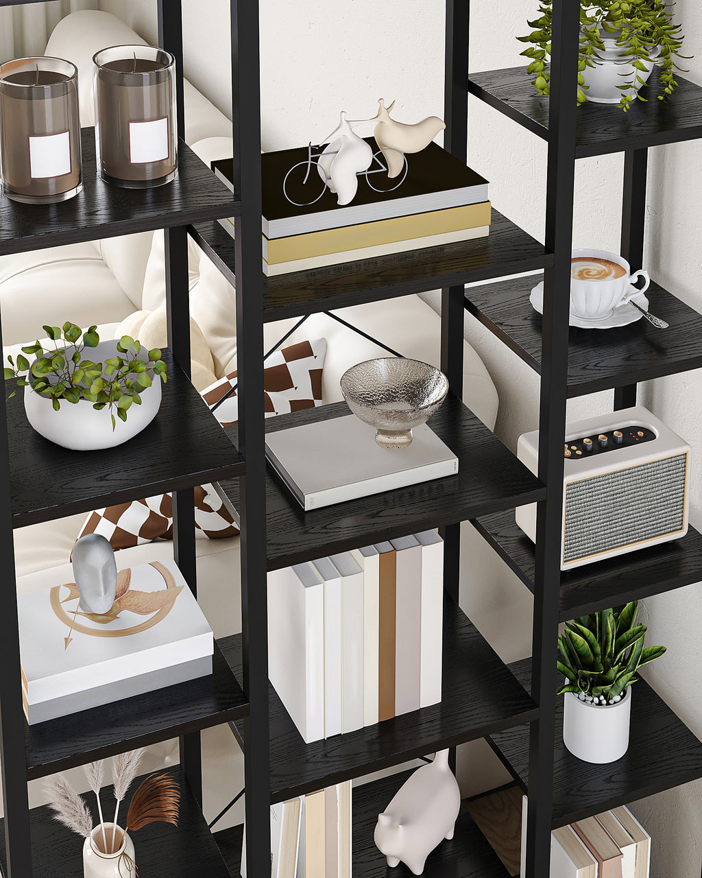 Hzuaneri Bookshelf, Standing Shelf with 6 Levels and 15 Shelves, Adjustable Open Shelves, for Living Room, Office, Bedroom, 30 x 100 x 170 cm, Black with Wood Grain, BC15004B
