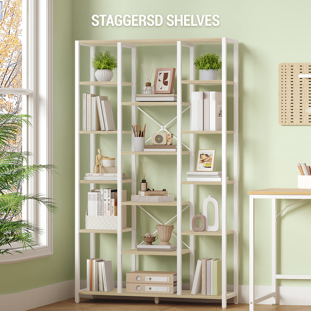 Hzuaneri Bookcase, 6-Tier Bookshelf with 15 Shelves, Large Adjustable Bookshelf for Living Room, Office, Bedroom, Study, 30 x 100 x 170 cm, White Oak and White, BC15016W