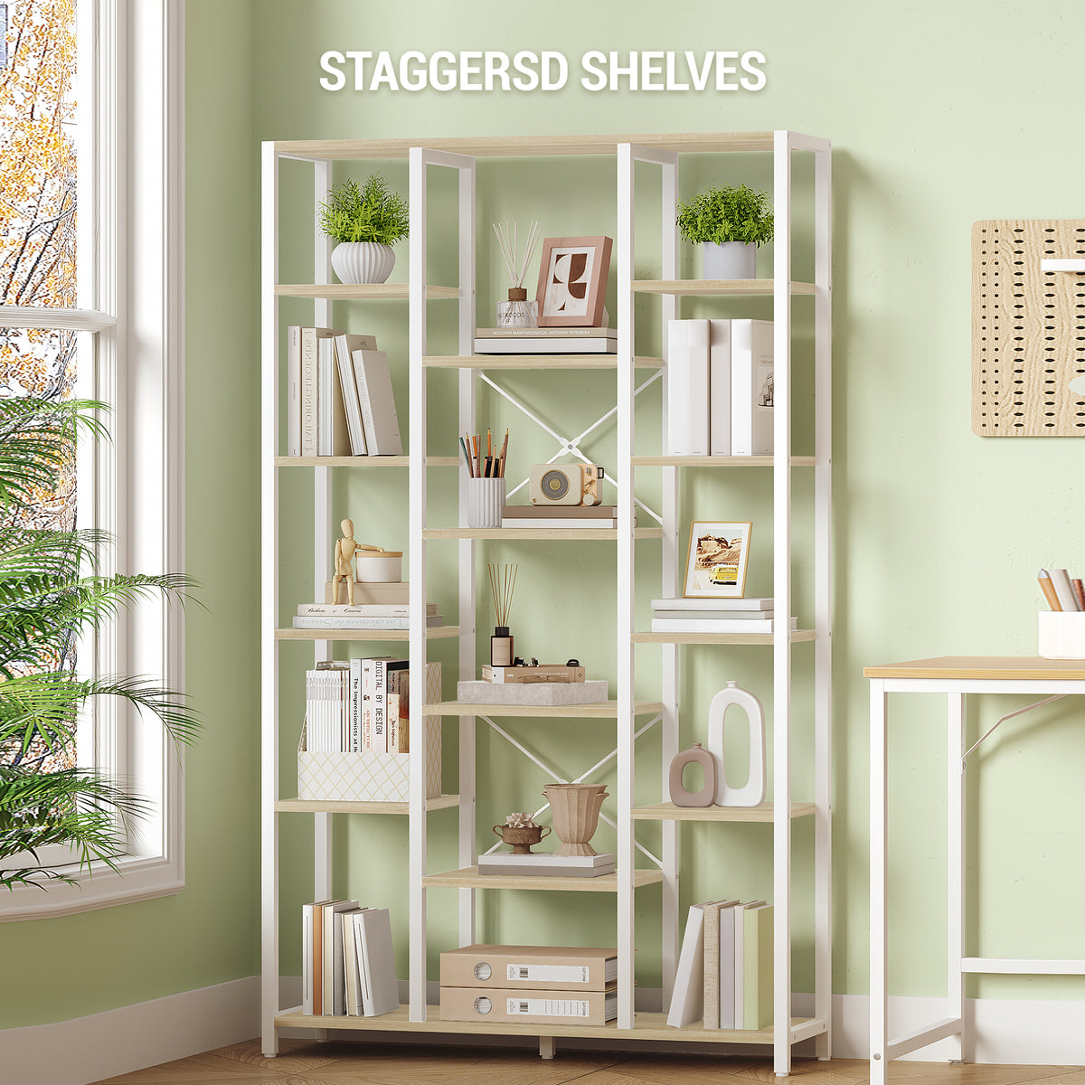 Hzuaneri Bookcase, 6-Tier Bookshelf with 15 Shelves, Large Adjustable Bookshelf for Living Room, Office, Bedroom, Study, 30 x 100 x 170 cm, White Oak and White, BC15016W