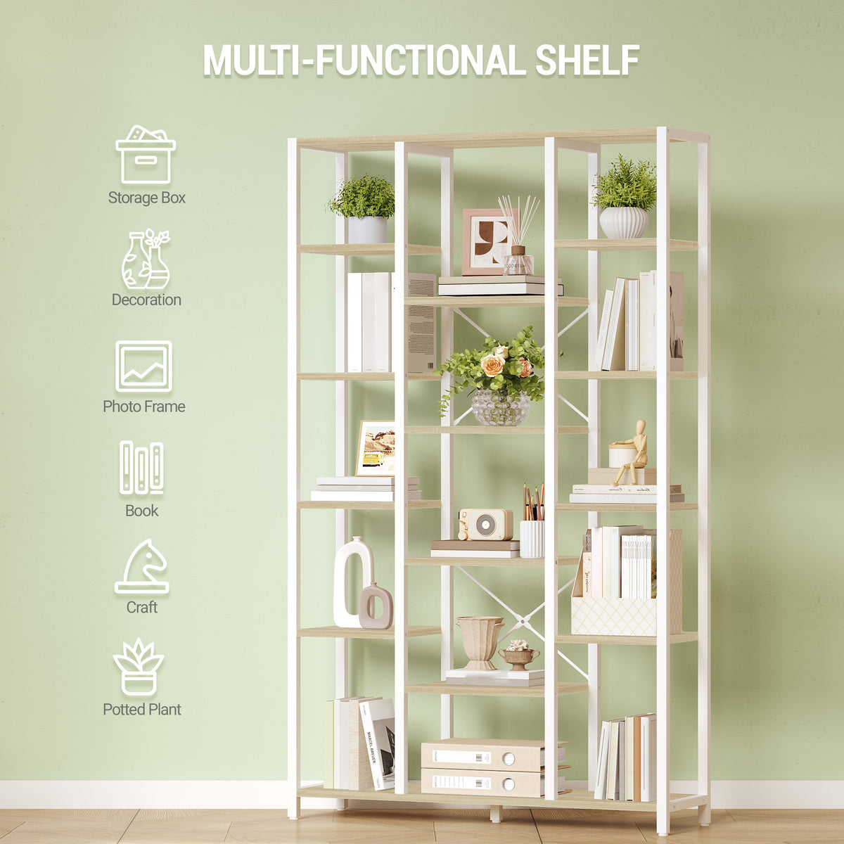 Hzuaneri Bookcase, 6-Tier Bookshelf with 15 Shelves, Large Adjustable Bookshelf for Living Room, Office, Bedroom, Study, 30 x 100 x 170 cm, White Oak and White, BC15016W