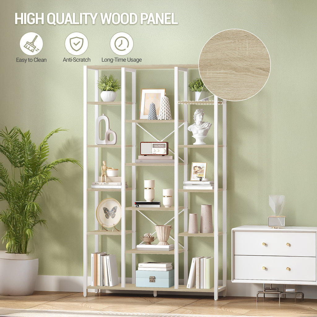 Hzuaneri Bookcase, 6-Tier Bookshelf with 15 Shelves, Large Adjustable Bookshelf for Living Room, Office, Bedroom, Study, 30 x 100 x 170 cm, White Oak and White, BC15016W