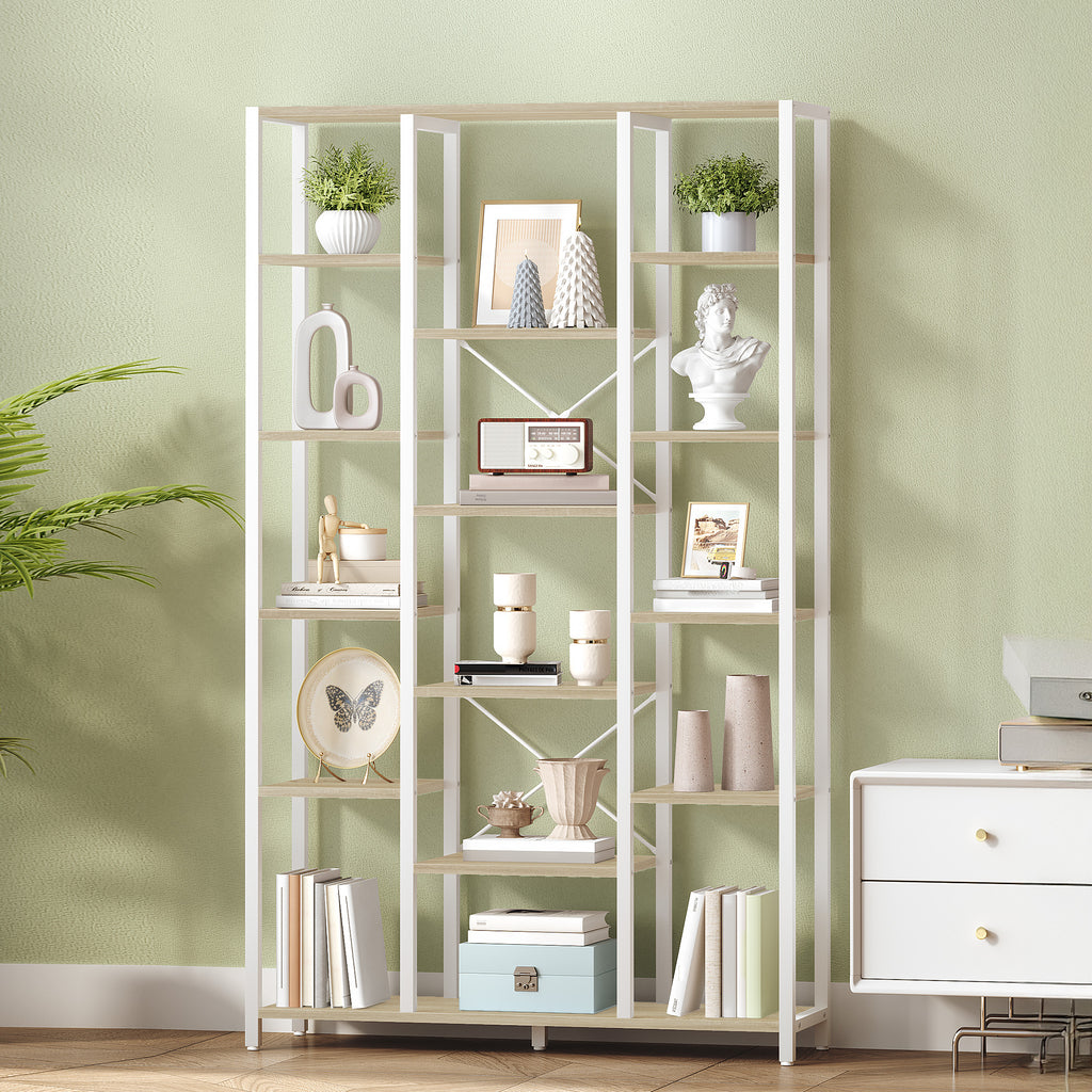 Hzuaneri Bookcase, 6-Tier Bookshelf with 15 Shelves, Large Adjustable Bookshelf for Living Room, Office, Bedroom, Study, 30 x 100 x 170 cm, White Oak and White, BC15016W