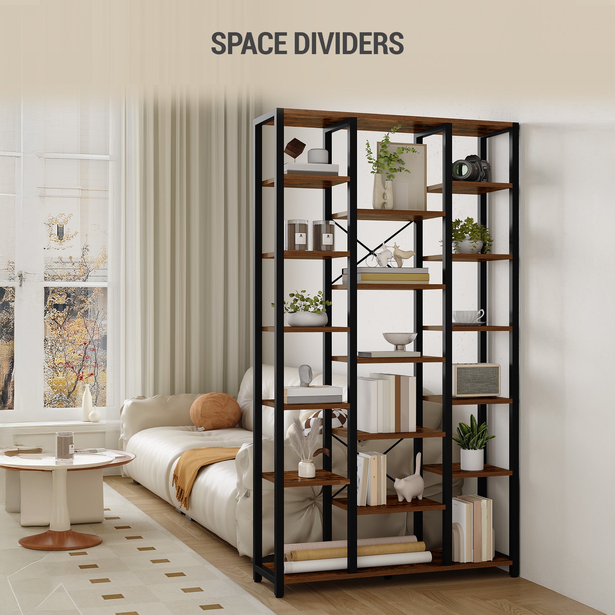 Hzuaneri Bookcase with 7 Tiers, 18 Shelves, Adjustable Open Shelves for Living Room, Office, Bedroom, 30 x 100 x 202 cm, Vintage Brown-Black BC15601B