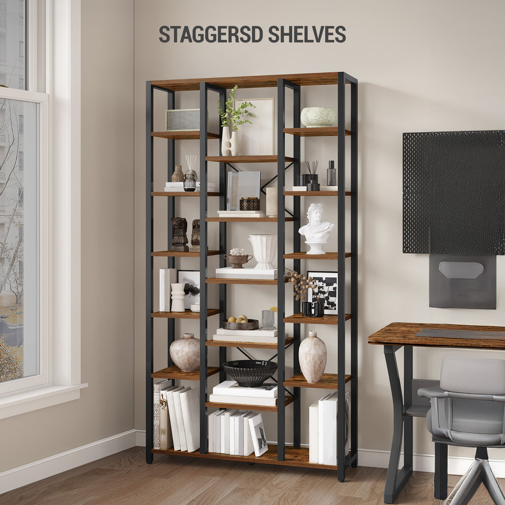 Hzuaneri Bookcase with 7 Tiers, 18 Shelves, Adjustable Open Shelves for Living Room, Office, Bedroom, 30 x 100 x 202 cm, Vintage Brown-Black BC15601B