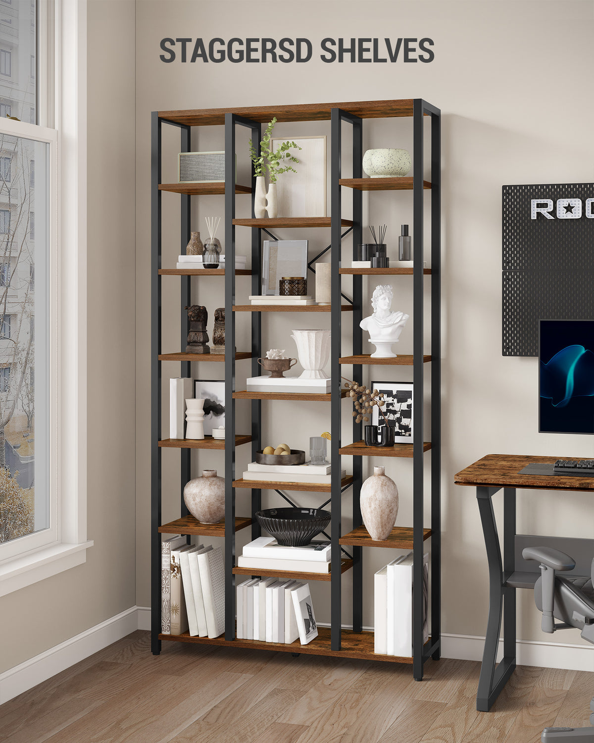 Hzuaneri Bookcase with 7 Tiers, 18 Shelves, Adjustable Open Shelves for Living Room, Office, Bedroom, 30 x 100 x 202 cm, Vintage Brown-Black BC15601B