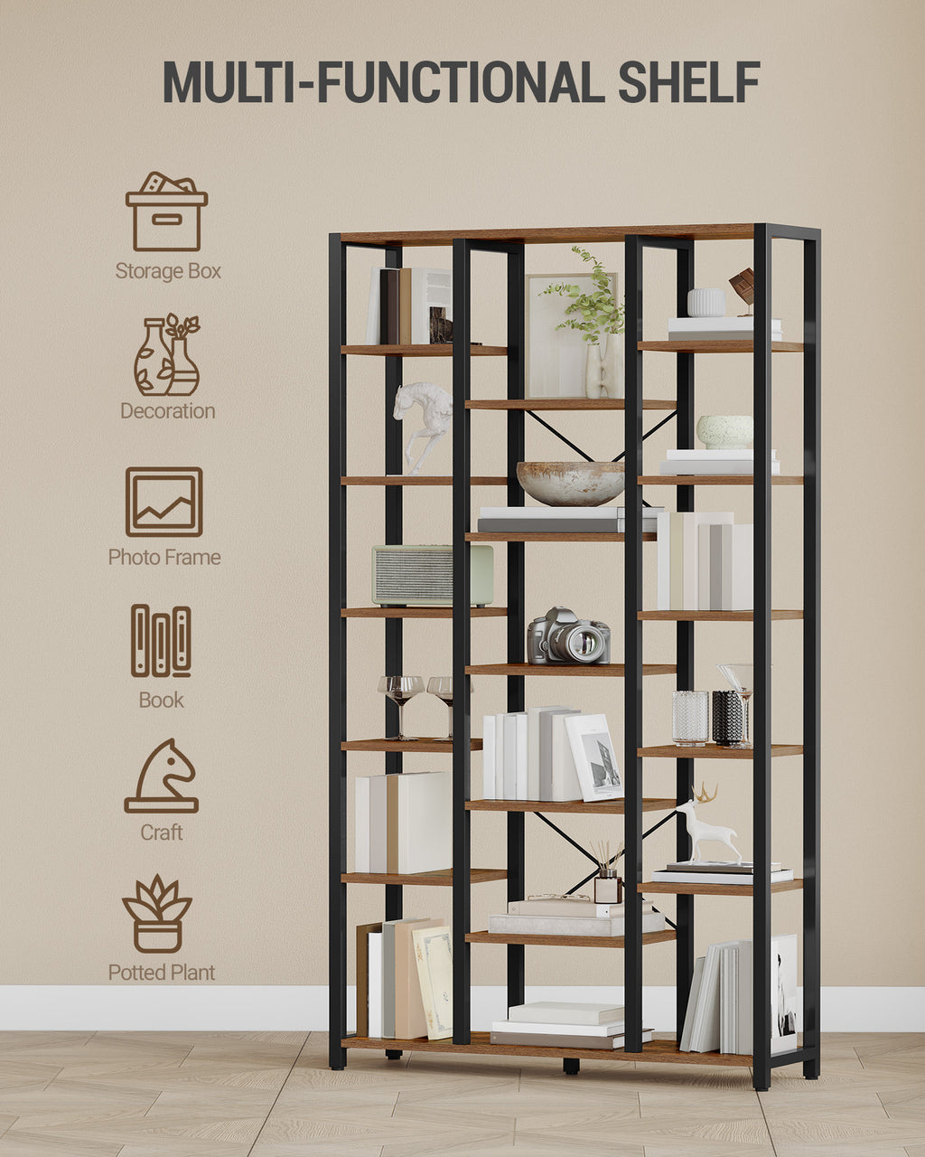 Hzuaneri Bookcase with 7 Tiers, 18 Shelves, Adjustable Open Shelves for Living Room, Office, Bedroom, 30 x 100 x 202 cm, Vintage Brown-Black BC15601B