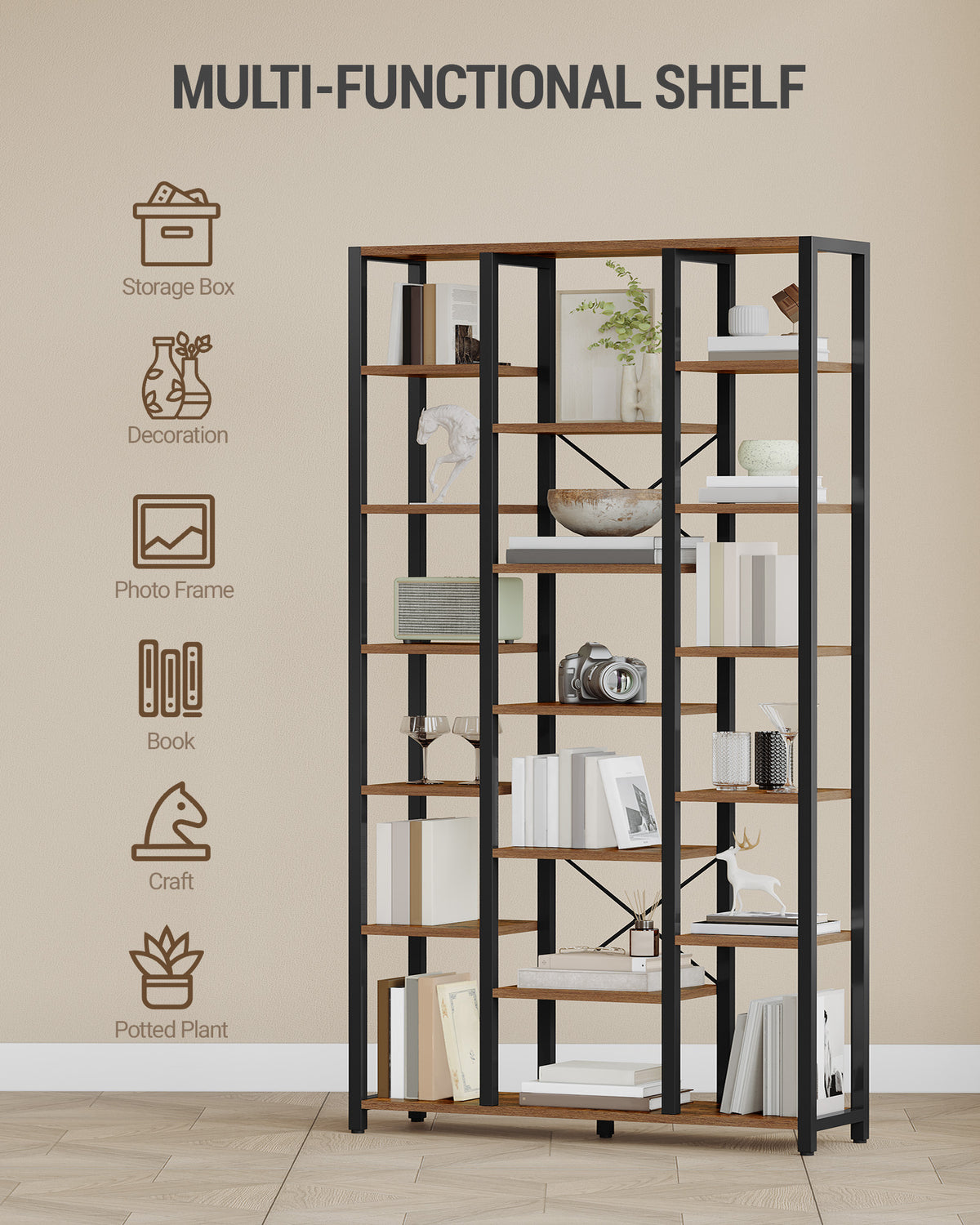 Hzuaneri Bookcase with 7 Tiers, 18 Shelves, Adjustable Open Shelves for Living Room, Office, Bedroom, 30 x 100 x 202 cm, Vintage Brown-Black BC15601B