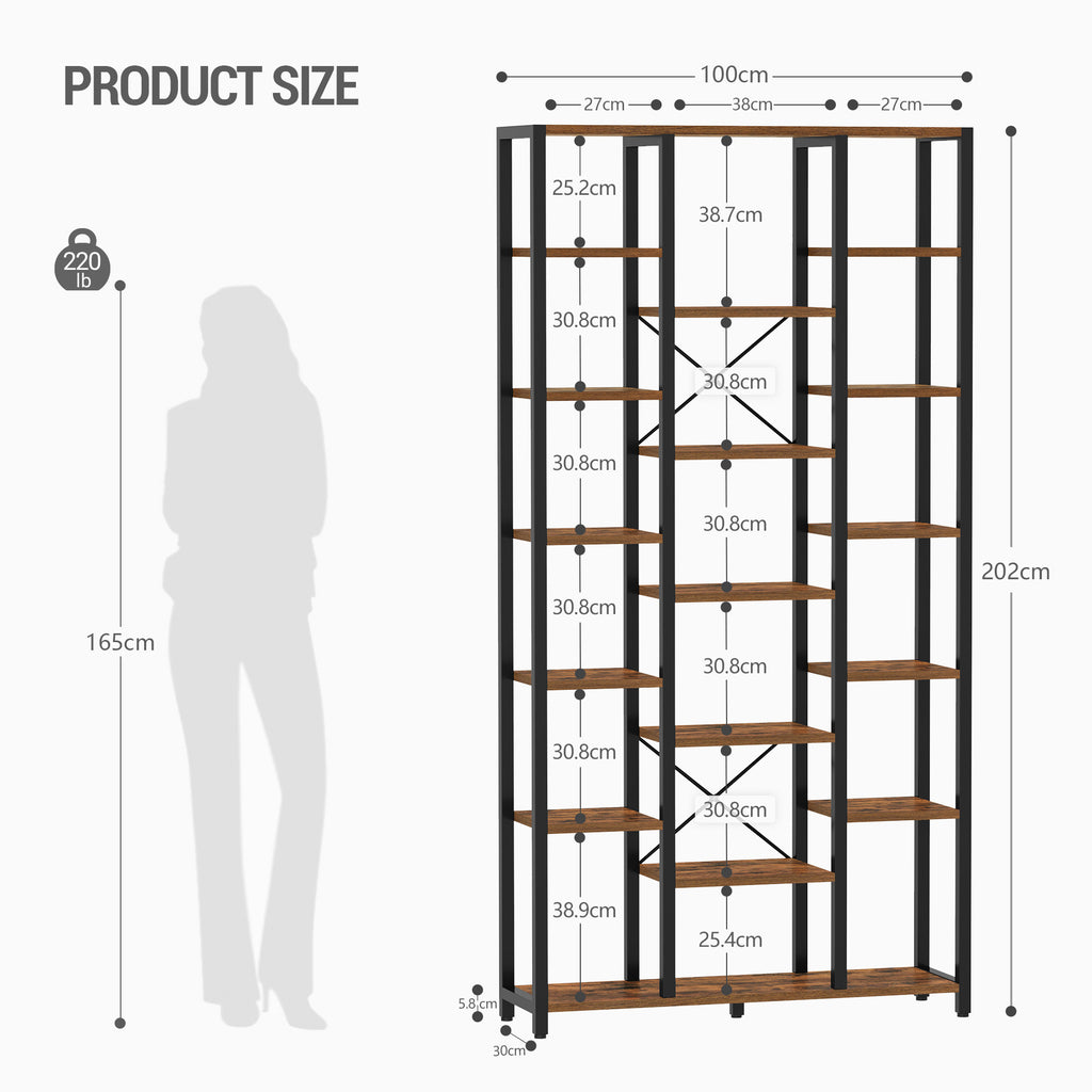 Hzuaneri Bookcase with 7 Tiers, 18 Shelves, Adjustable Open Shelves for Living Room, Office, Bedroom, 30 x 100 x 202 cm, Vintage Brown-Black BC15601B