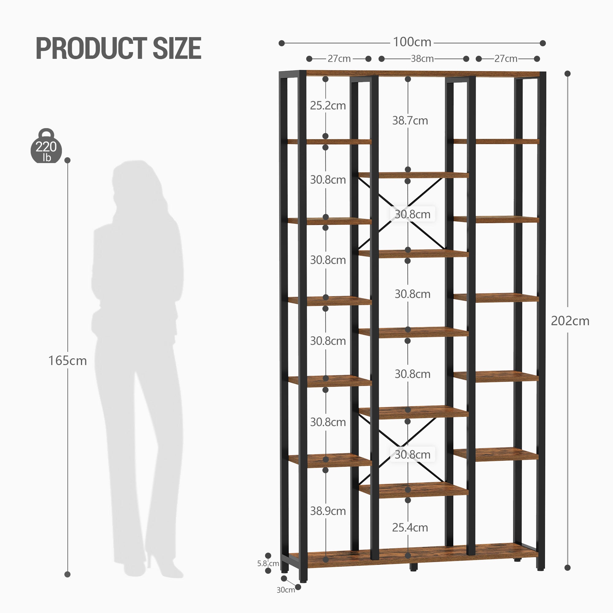 Hzuaneri Bookcase with 7 Tiers, 18 Shelves, Adjustable Open Shelves for Living Room, Office, Bedroom, 30 x 100 x 202 cm, Vintage Brown-Black BC15601B