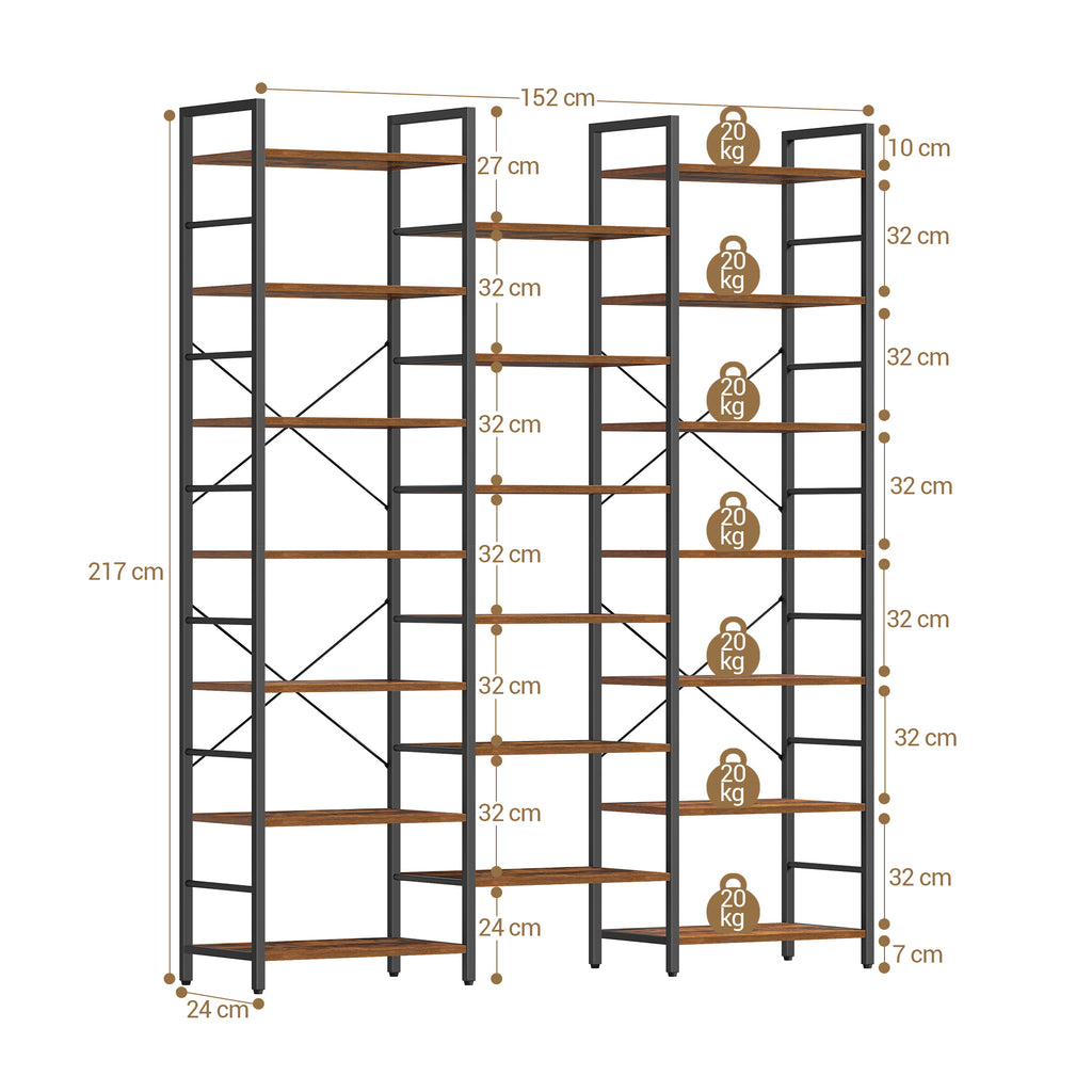 Hzuaneri BC17101B Bookcases, Standing Shelves with 20 Shelves, 7 Levels, Adjustable Spacing, 24 x 152 x 217 cm, Load Capacity 400 kg, Living Room, Office, Vintage Brown and Black  BC17101B