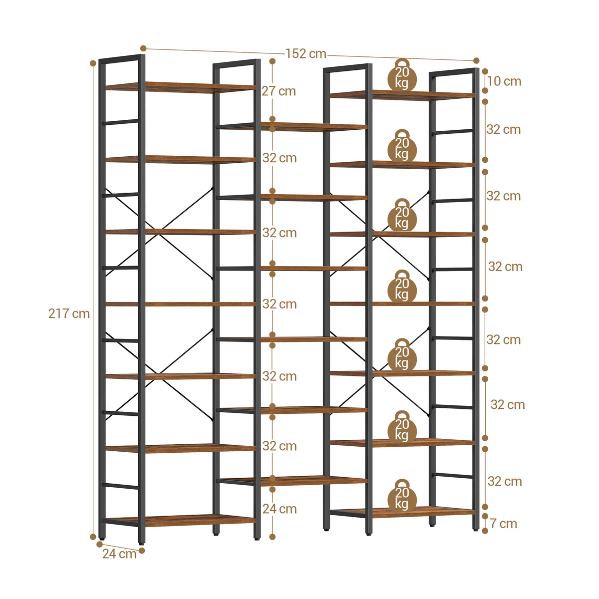 Hzuaneri BC17101B Bookcases, Standing Shelves with 20 Shelves, 7 Levels, Adjustable Spacing, 24 x 152 x 217 cm, Load Capacity 400 kg, Living Room, Office, Vintage Brown and Black  BC17101B